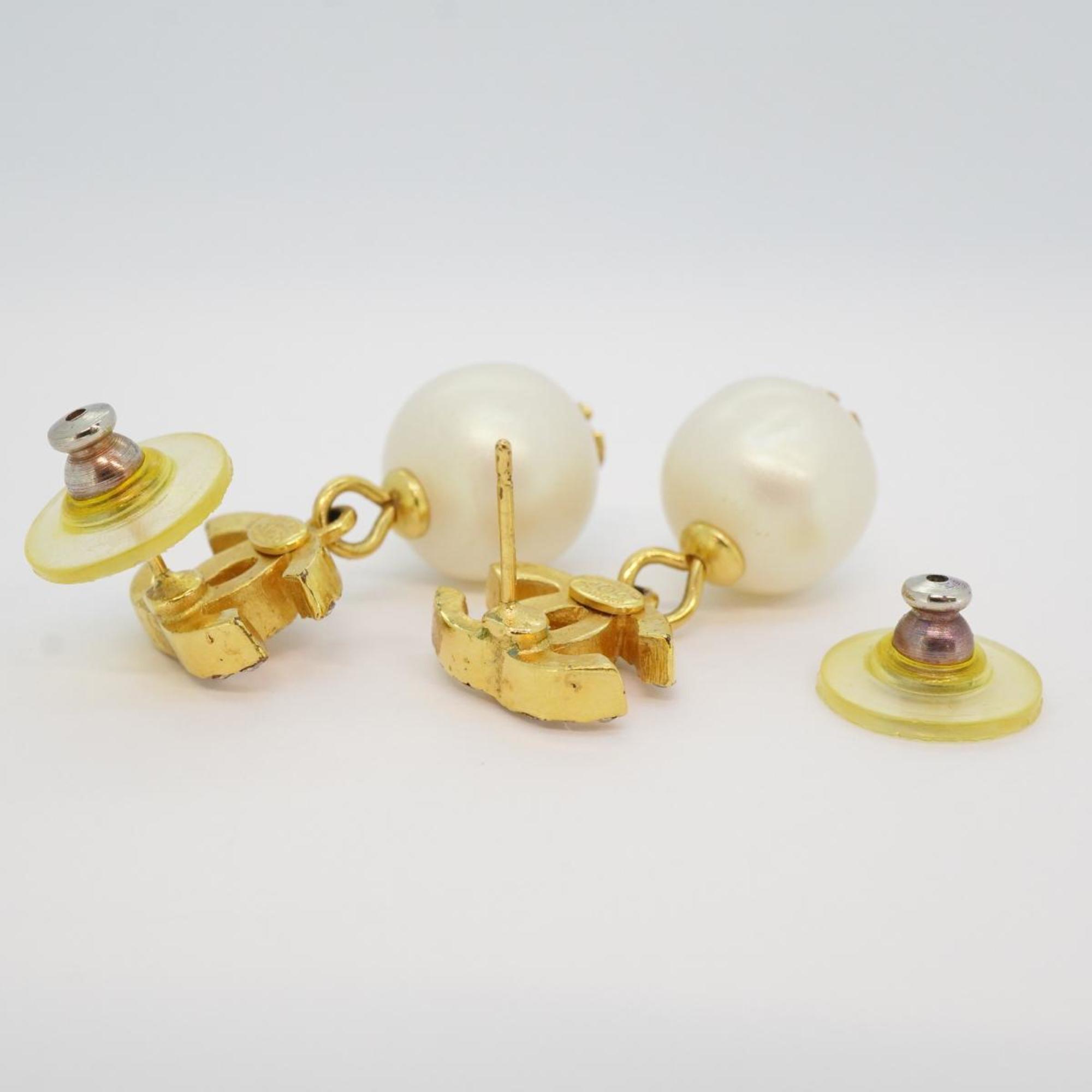 Chanel Earrings Coco Mark Fake Pearl Rhinestone GP Plated Gold Women's