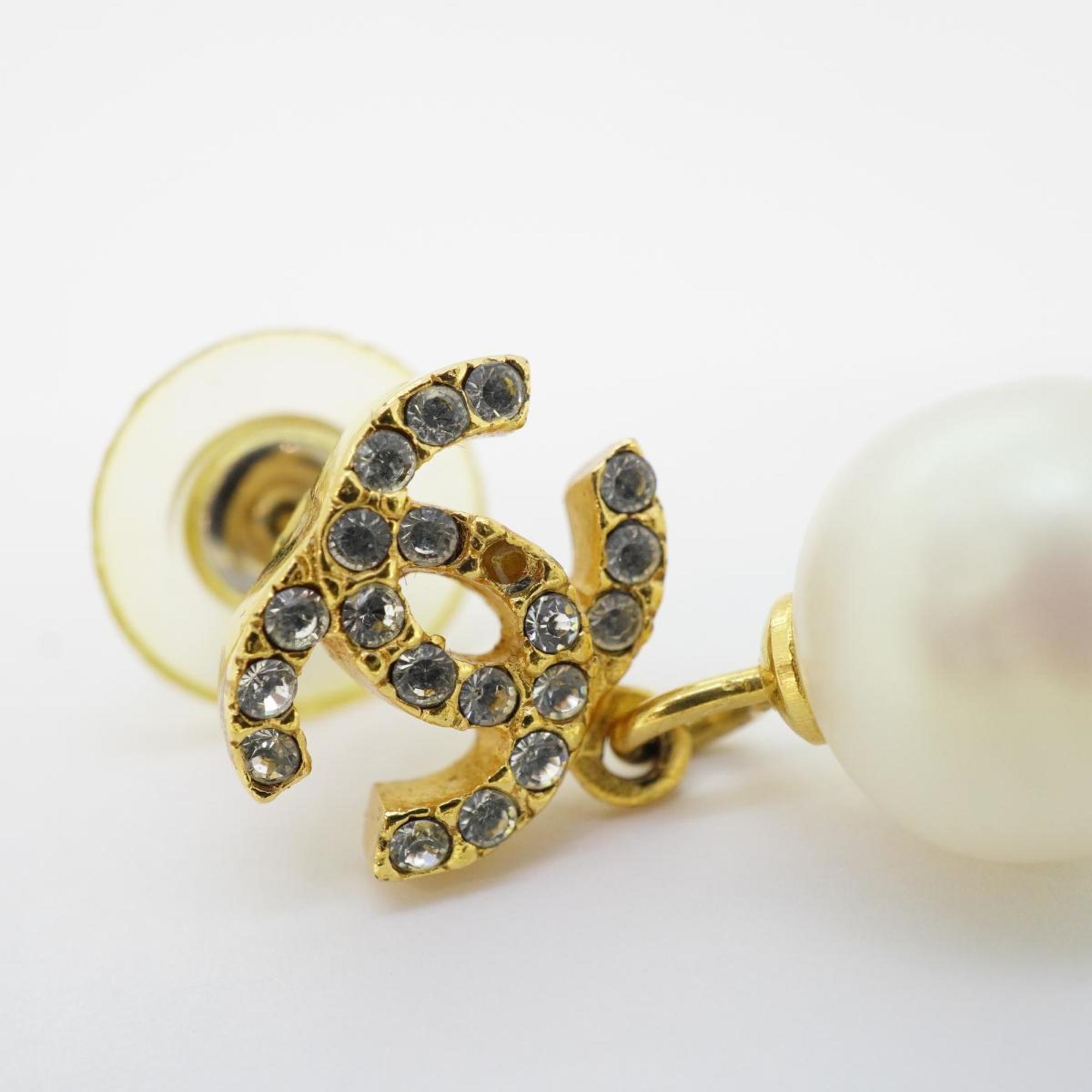 Chanel Earrings Coco Mark Fake Pearl Rhinestone GP Plated Gold Women's