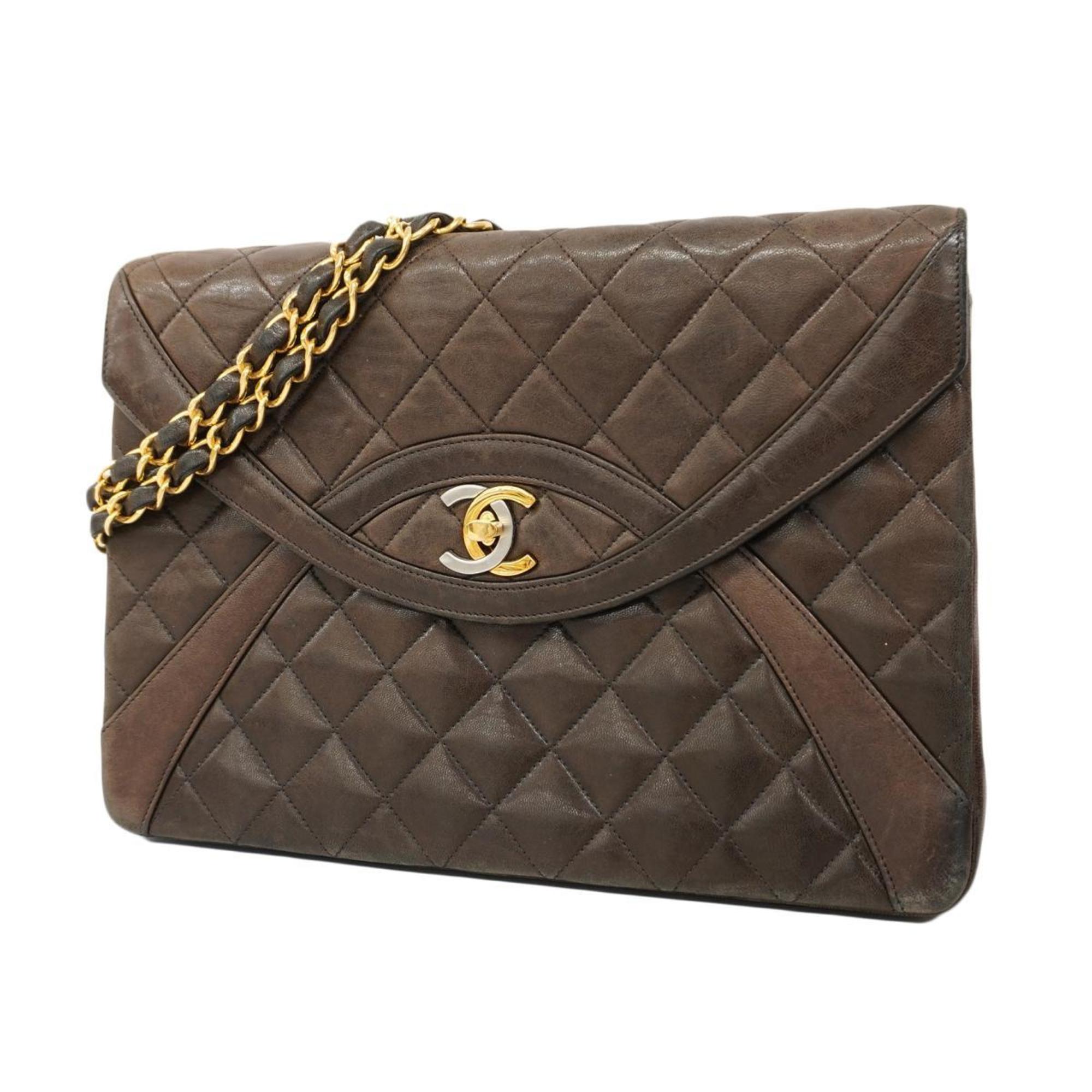 Chanel Shoulder Bag Matelasse W Chain Lambskin Brown Women's