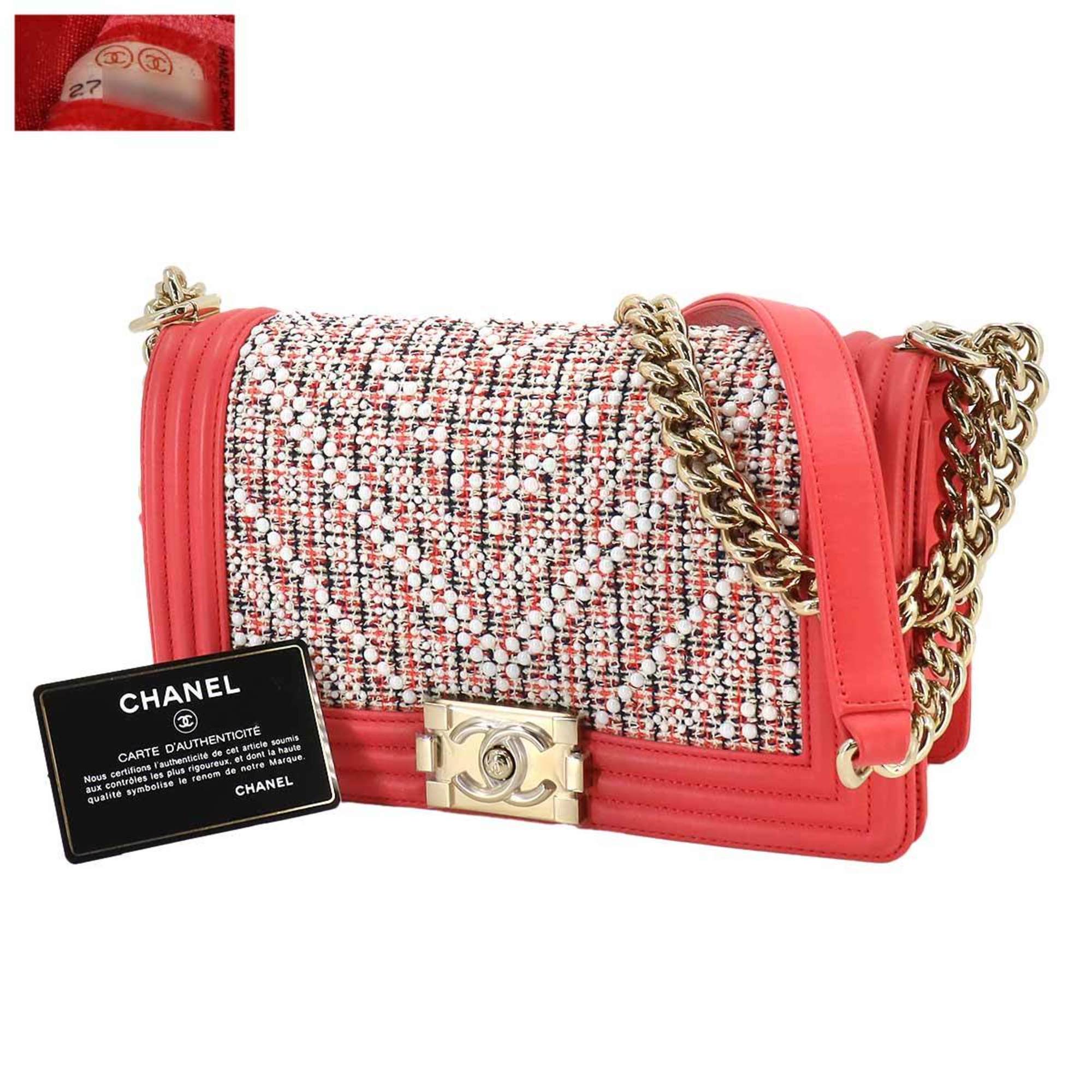 CHANEL Boy Chanel Chain Shoulder Bag Leather Tweed Pink A67086 Gold Metal Fittings