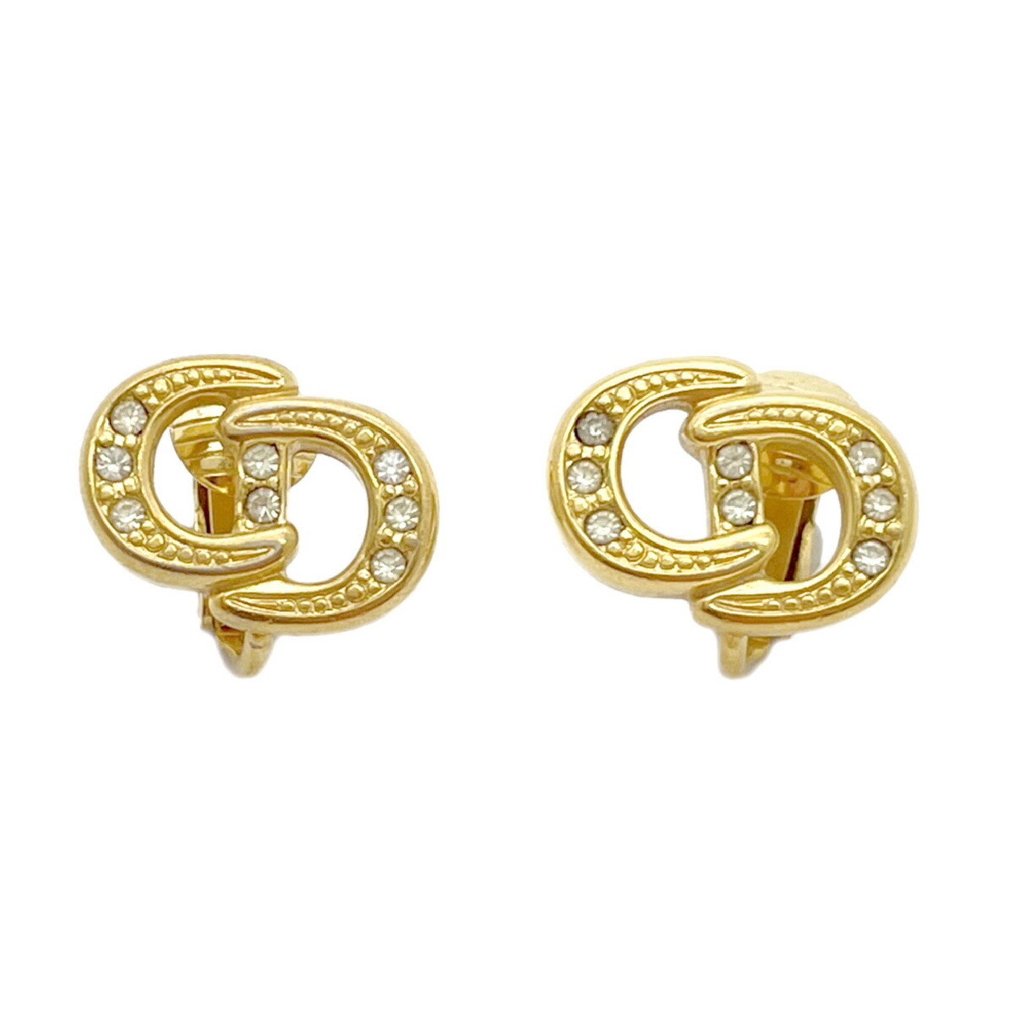 Christian Dior Earrings CD Rhinestone GP Plated Gold Women's