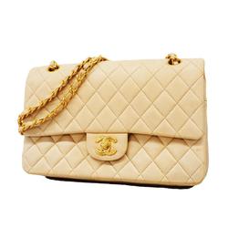 Chanel Shoulder Bag Matelasse W Flap Chain Lambskin Beige Women's