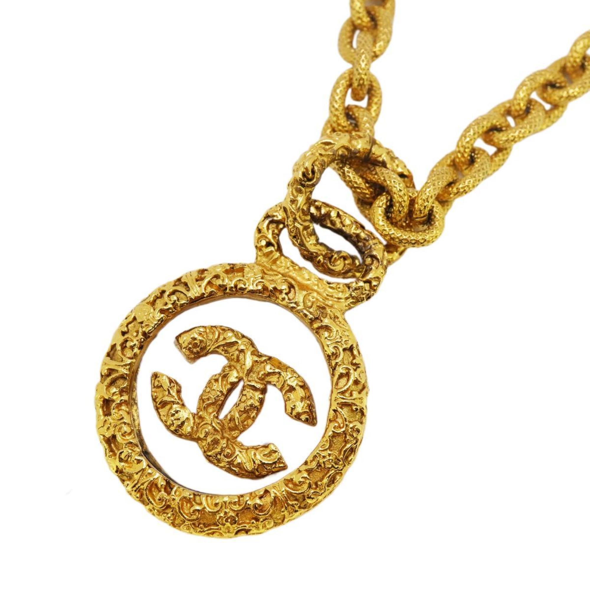 Chanel Necklace Coco Mark Circle Lava Motif GP Plated Gold Clear 93A Women's