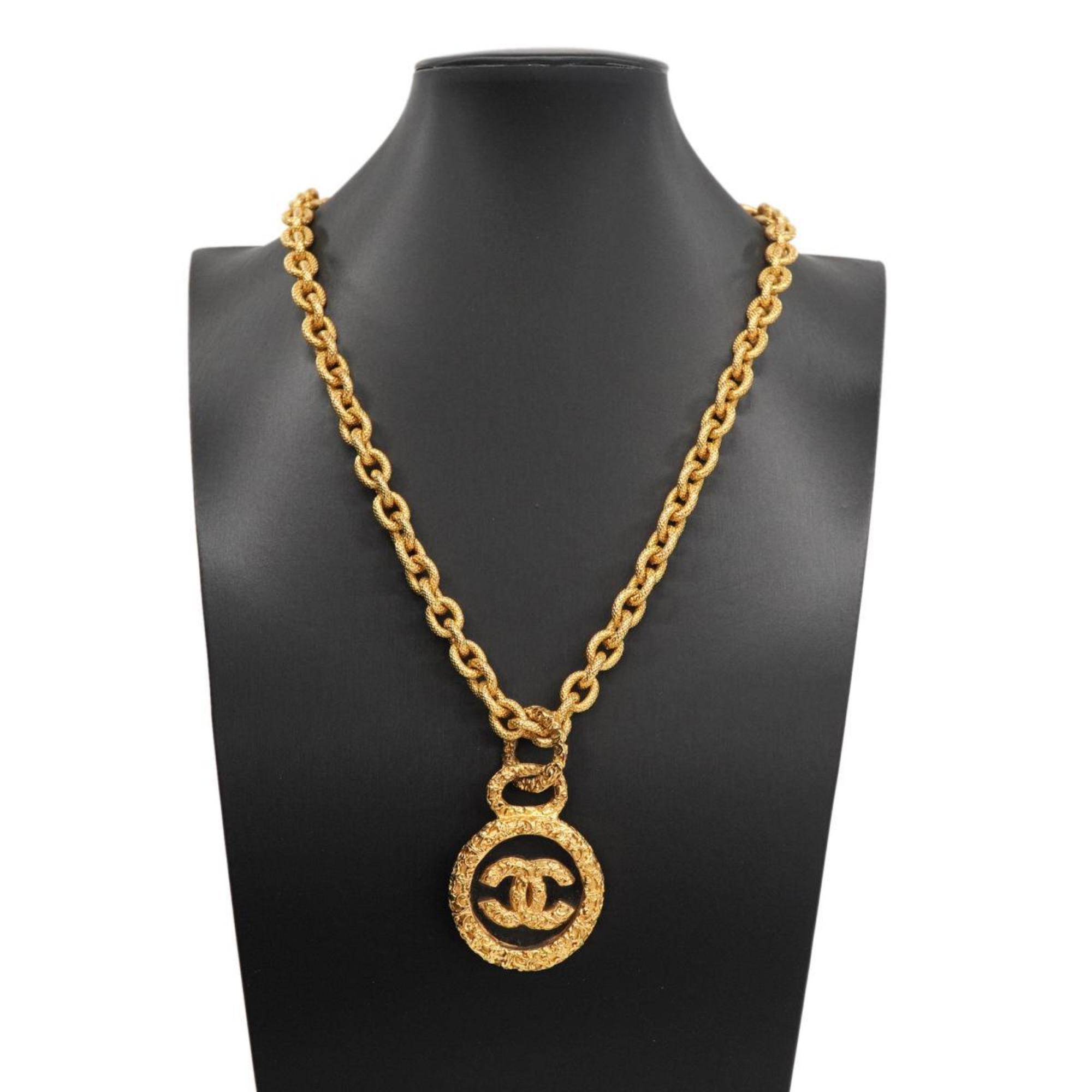 Chanel Necklace Coco Mark Circle Lava Motif GP Plated Gold Clear 93A Women's