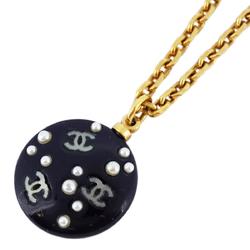 Chanel Necklace Coco Mark Circle Fake Pearl GP Plated Gold Black 03P Women's