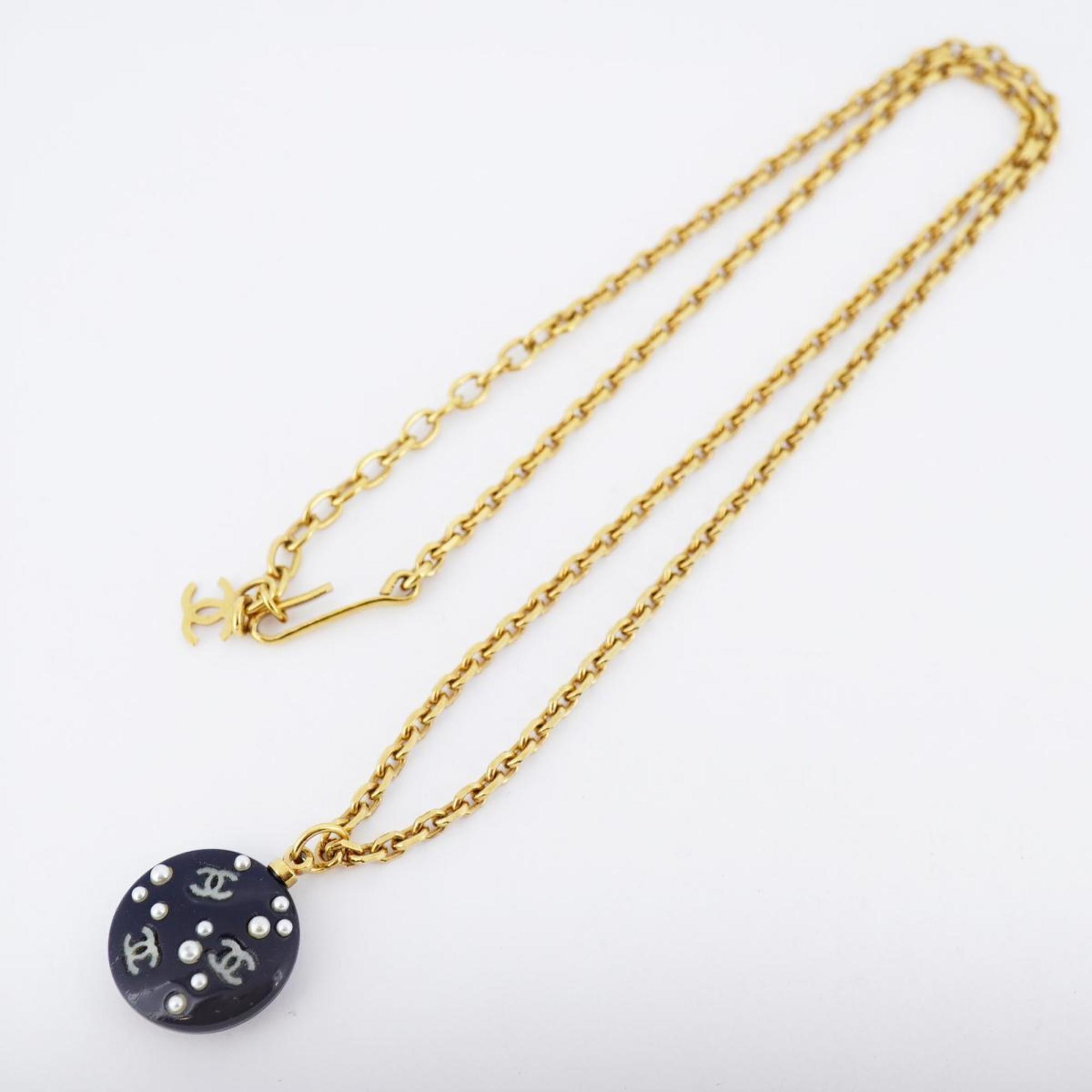 Chanel Necklace Coco Mark Circle Fake Pearl GP Plated Gold Black 03P Women's