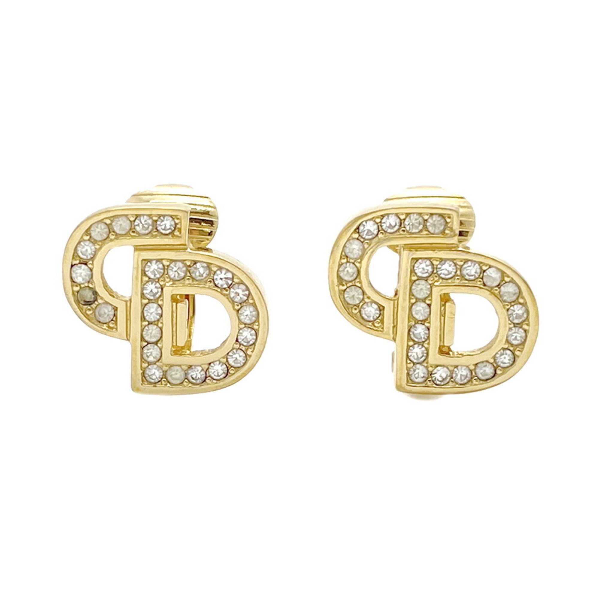 Christian Dior Earrings CD Rhinestone GP Plated Gold Women's