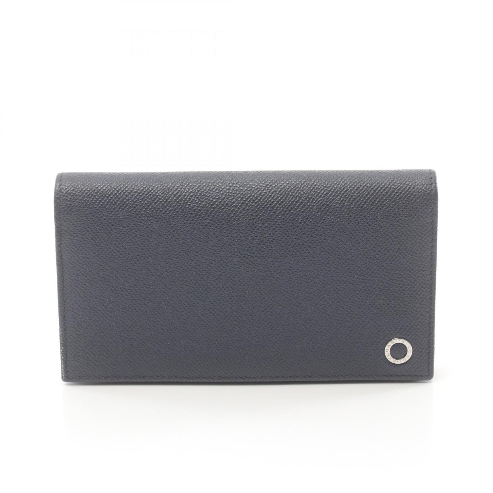 BVLGARI Bi-fold long wallet Leather Men's Women's Navy