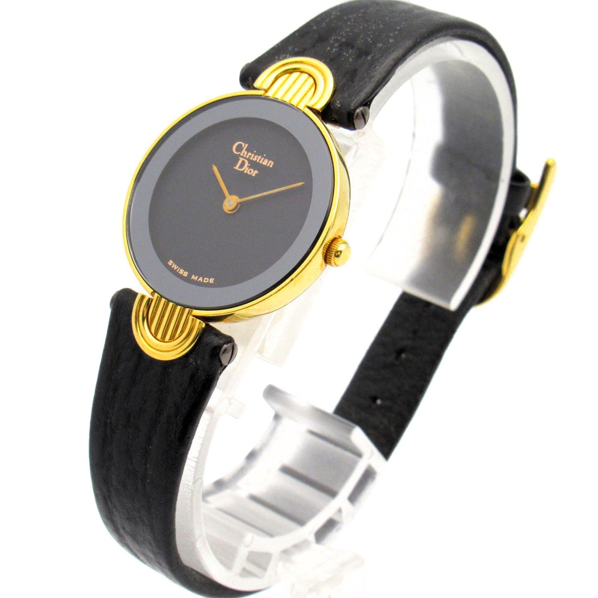 Christian Dior Dior Watch Wristwatch GP (Gold Plated) Leather Strap Women's Black 3032