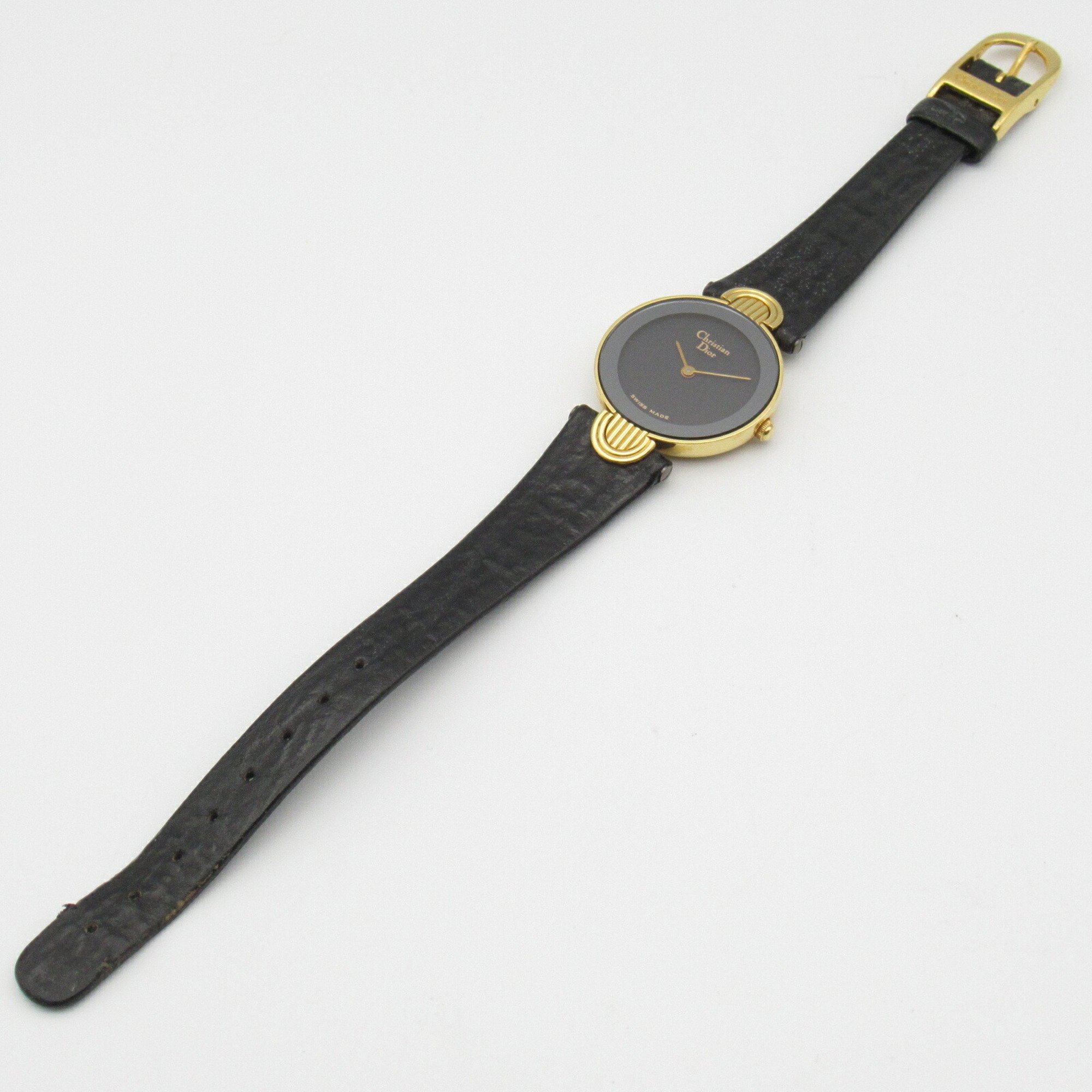 Christian Dior Dior Watch Wristwatch GP (Gold Plated) Leather Strap Women's Black 3032