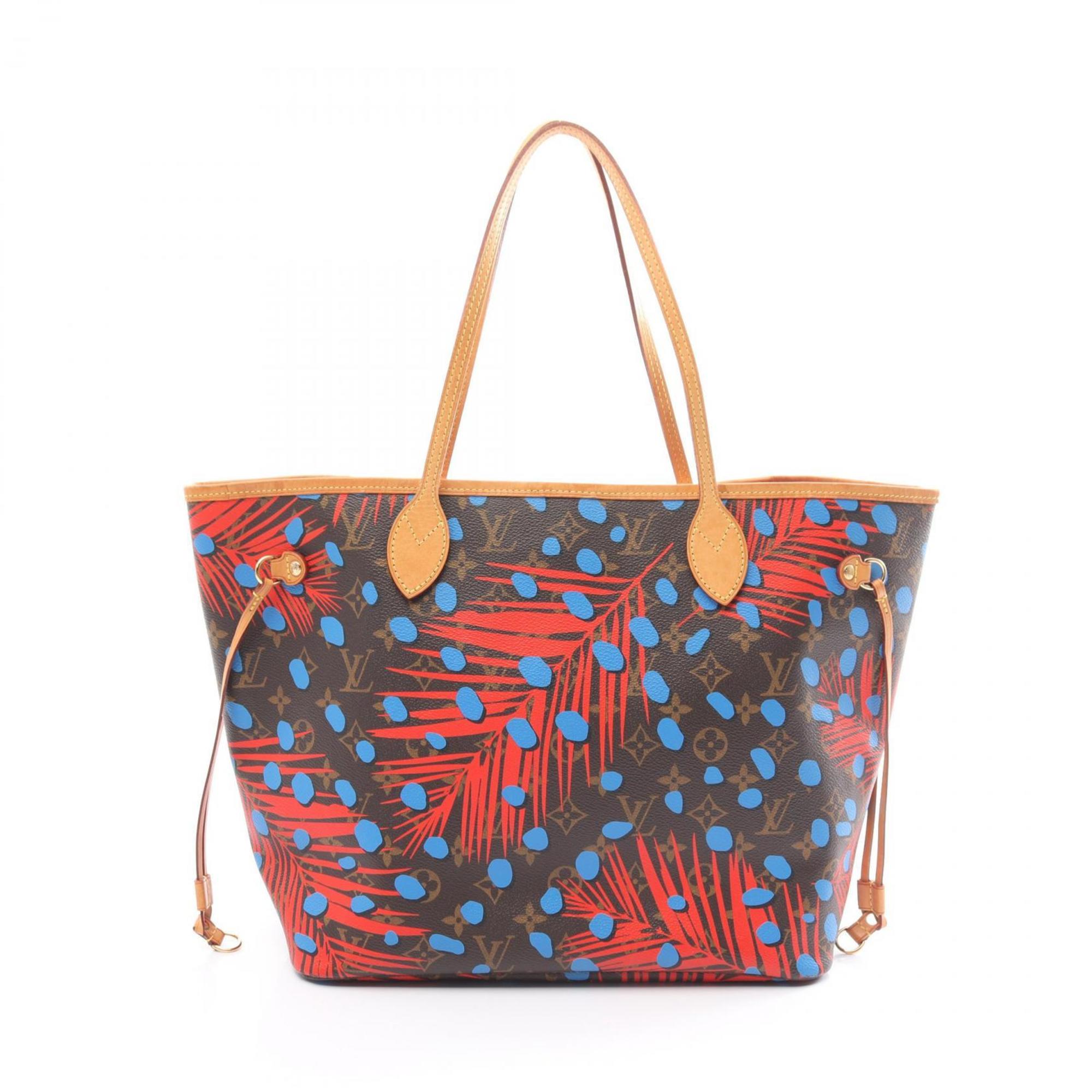 Louis Vuitton Neverfull MM Poppy Denim Tote Bag, Coated Canvas, Leather, Monogram Jungle Dot, Women's, Brown, Red, Blue, M41978