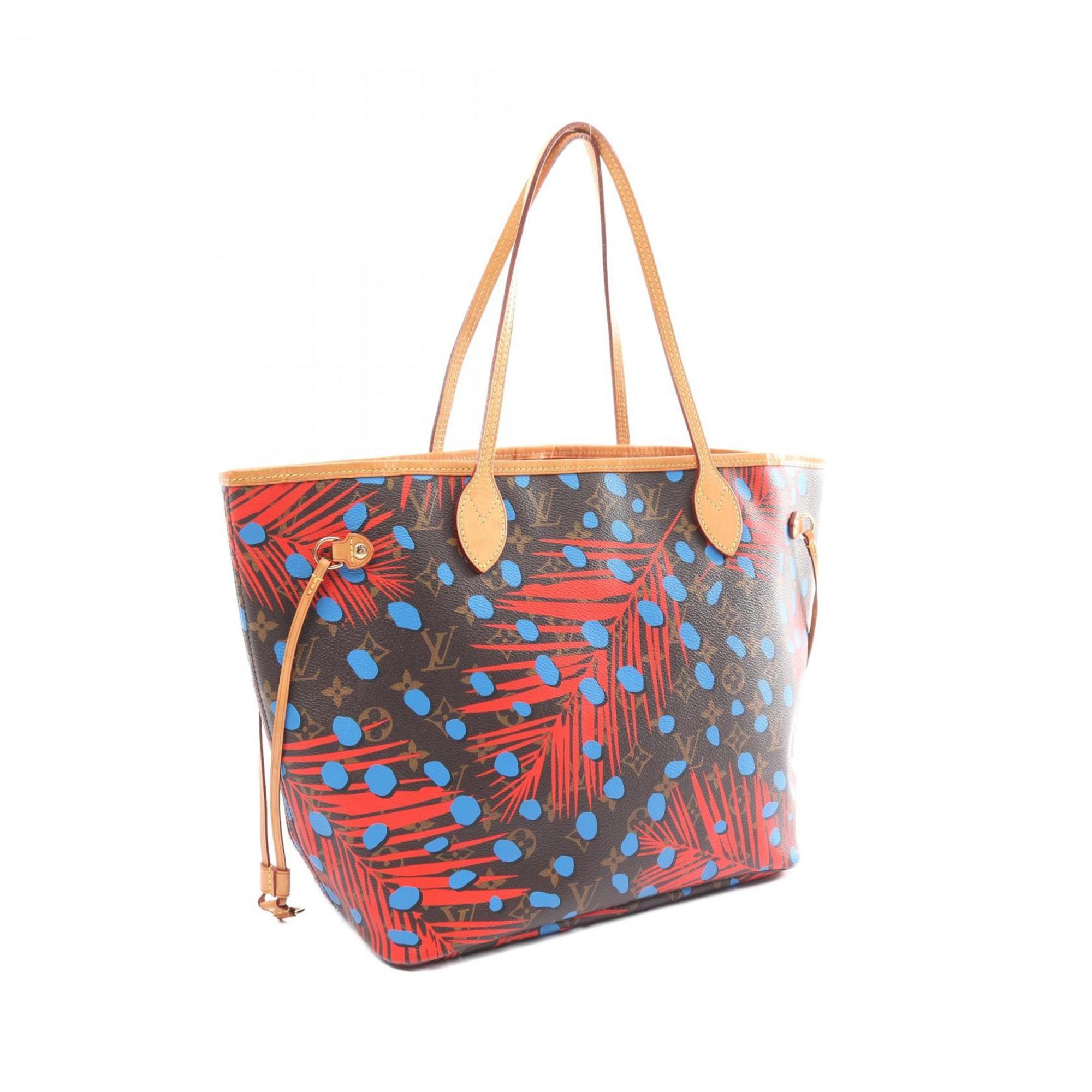 Louis Vuitton Neverfull MM Poppy Denim Tote Bag, Coated Canvas, Leather, Monogram Jungle Dot, Women's, Brown, Red, Blue, M41978