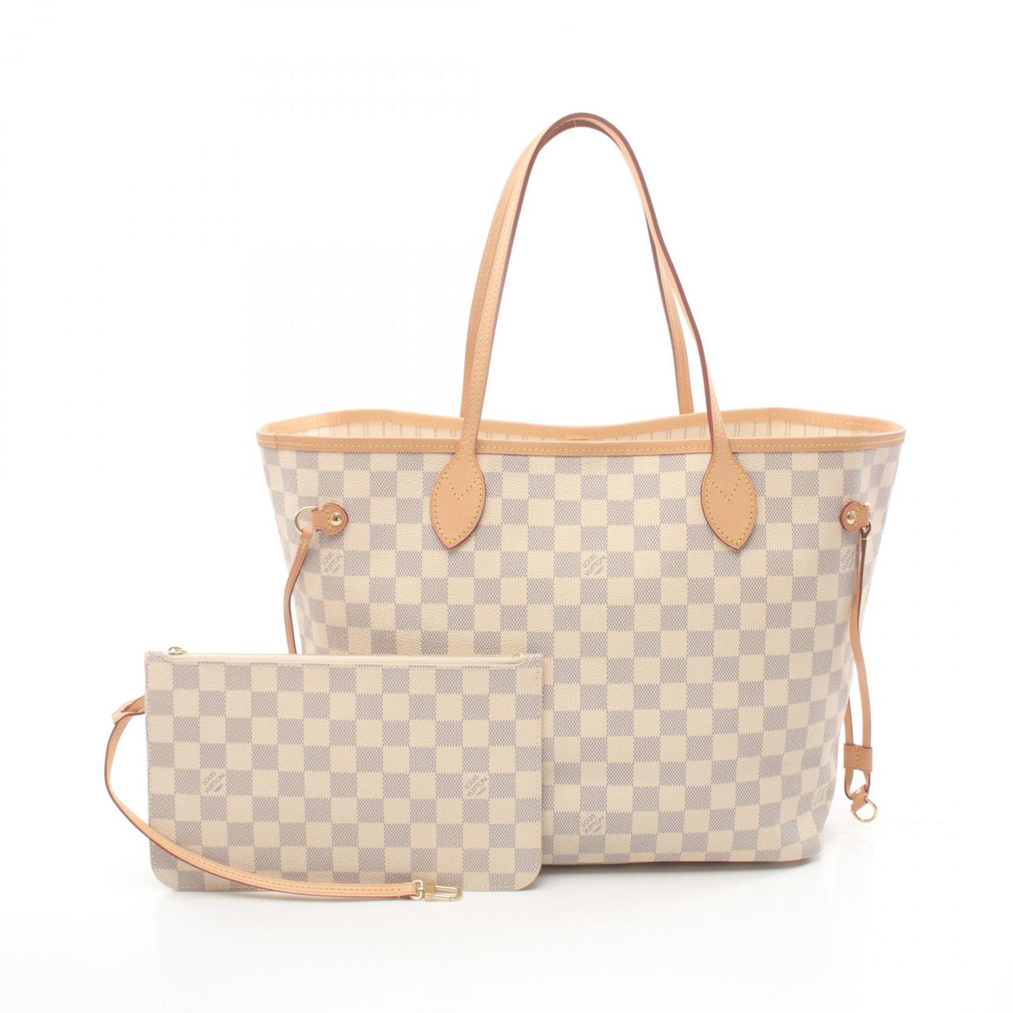 Louis Vuitton Neverfull MM Tote Bag, Coated Canvas, Leather, Damier Azur, Women's, White, N40604