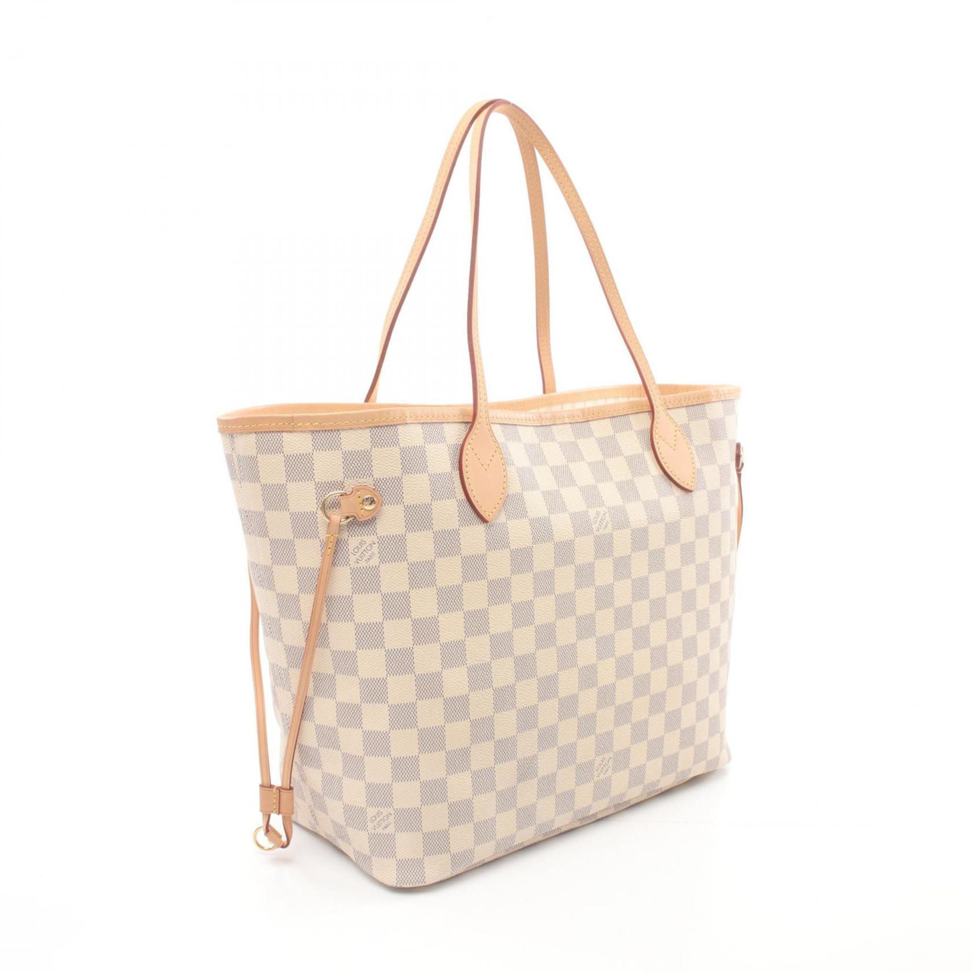 Louis Vuitton Neverfull MM Tote Bag, Coated Canvas, Leather, Damier Azur, Women's, White, N40604