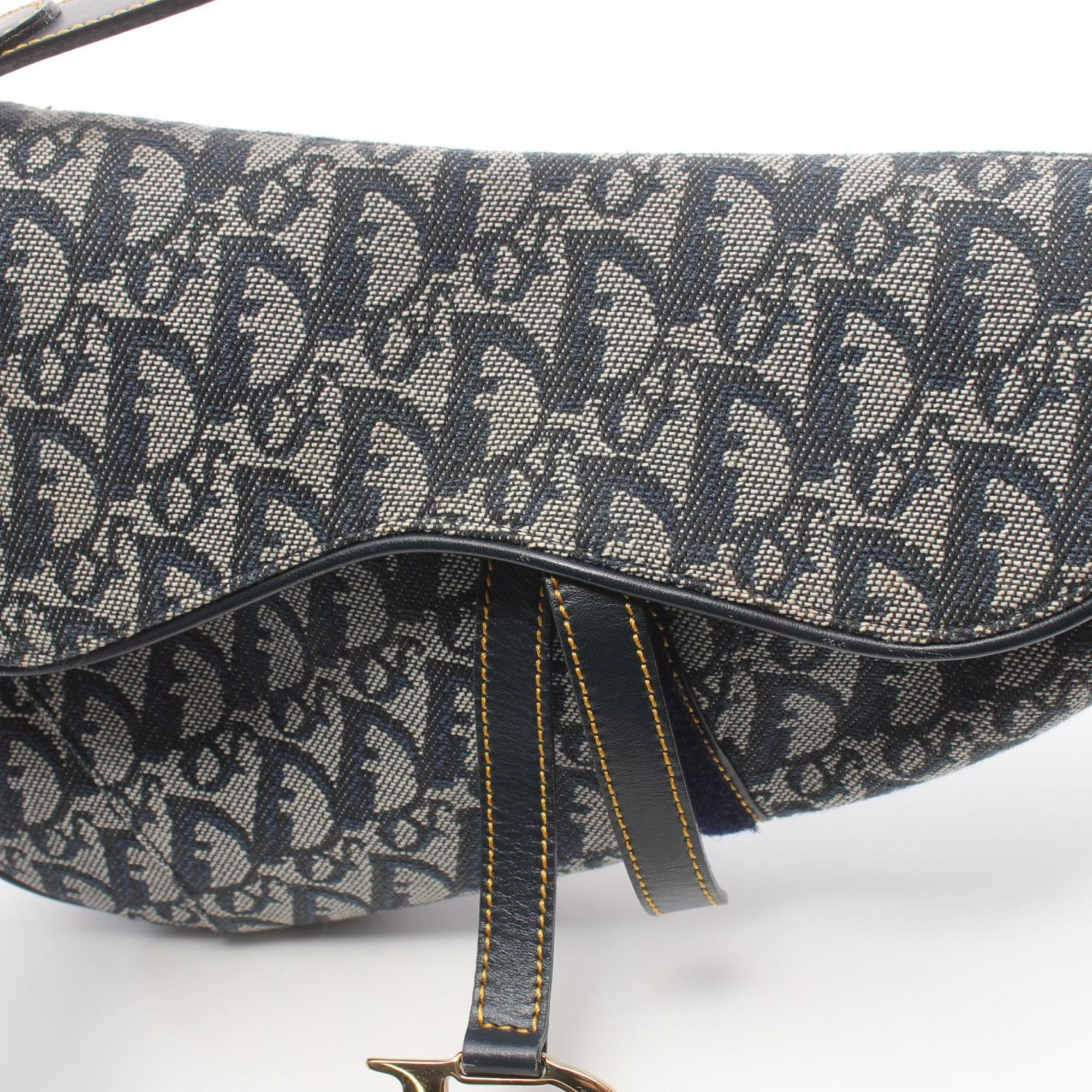 Christian Dior Dior Saddle Bag Trotter Handbag Canvas Leather Women's Gray Navy