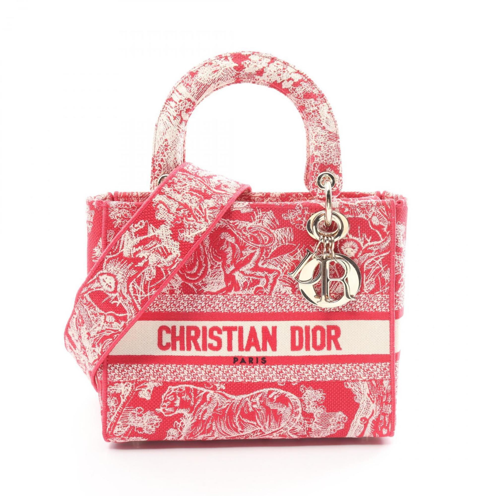 Christian Dior Dior Lady D-Lite Medium Bag Embroidered Handbag Canvas Women's Red White