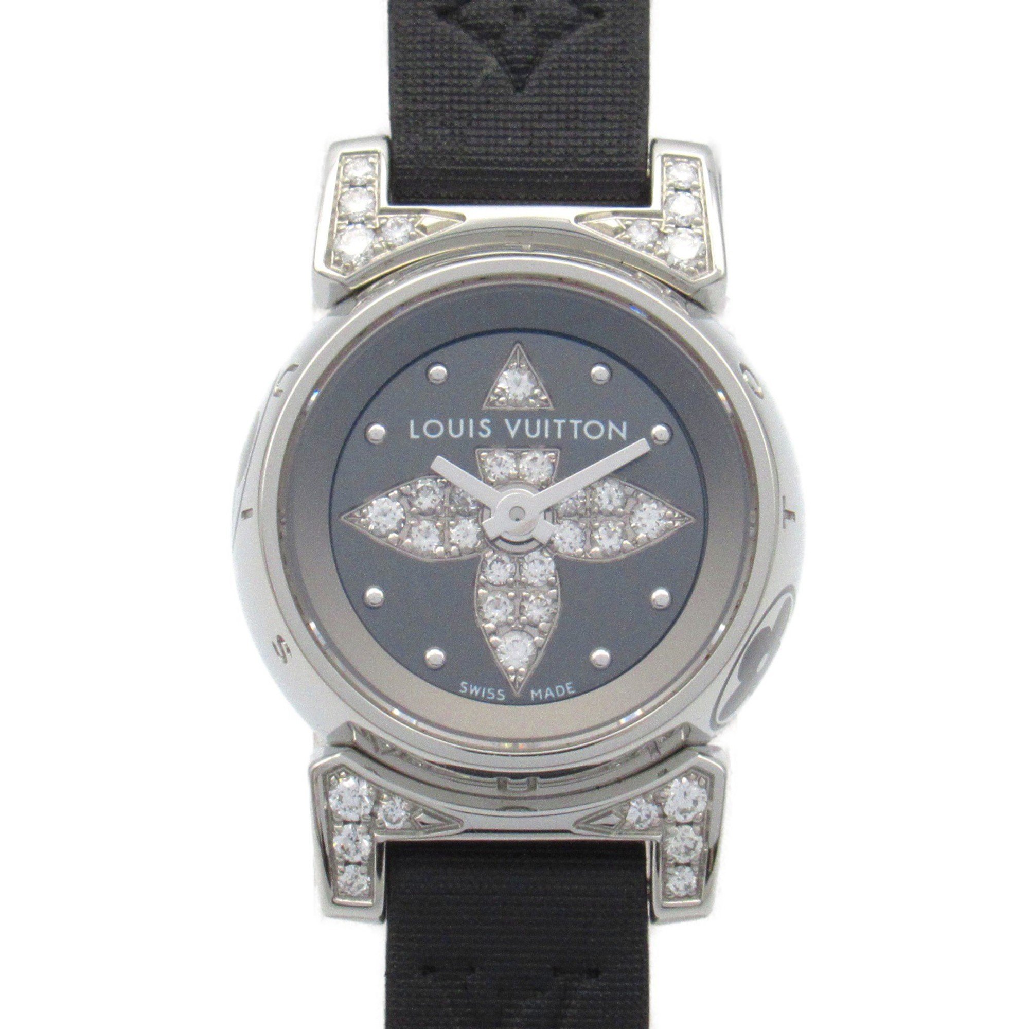 Louis Vuitton Tambour Bijou Watch Stainless Steel Leather Strap Women's Grey Q151K