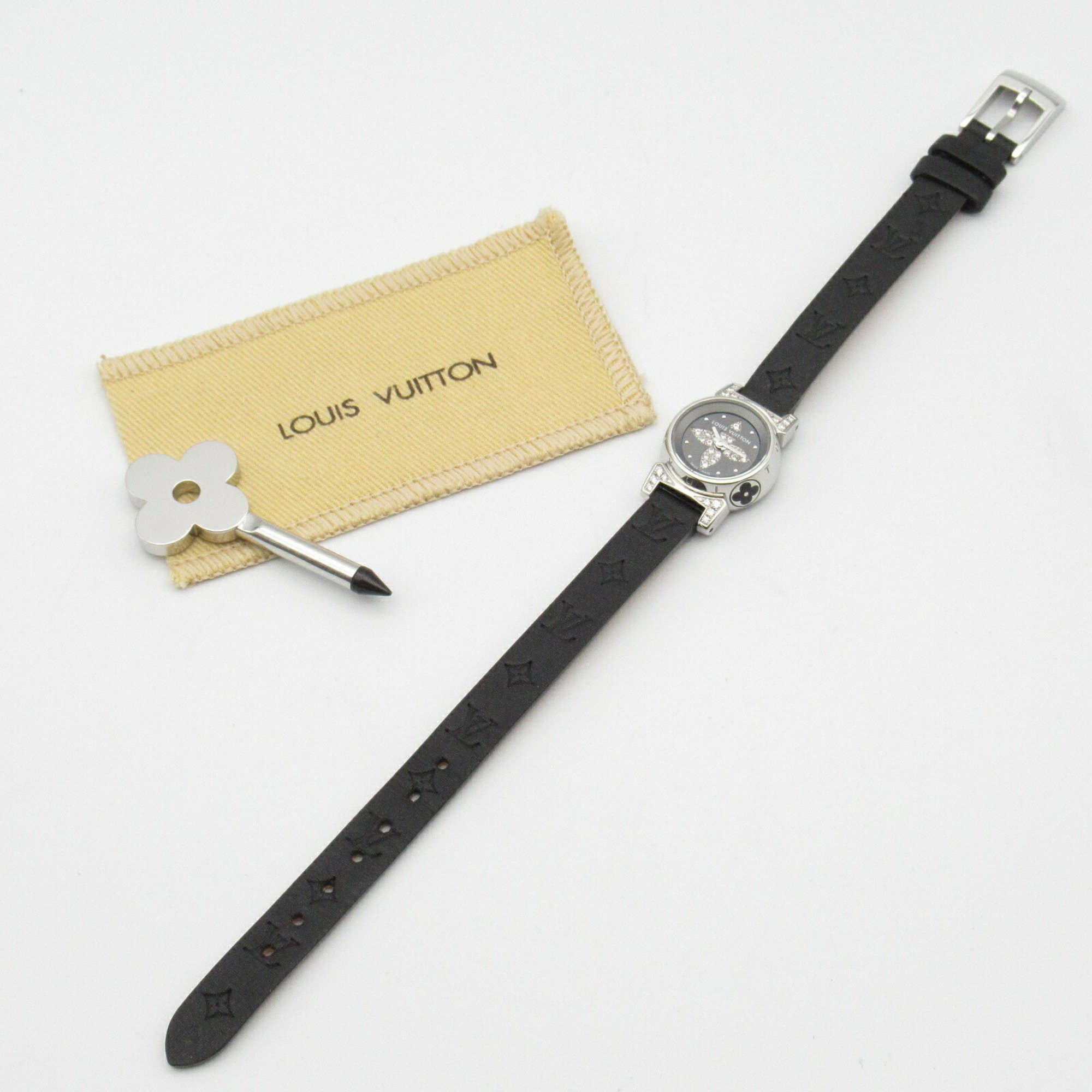 Louis Vuitton Tambour Bijou Watch Stainless Steel Leather Strap Women's Grey Q151K