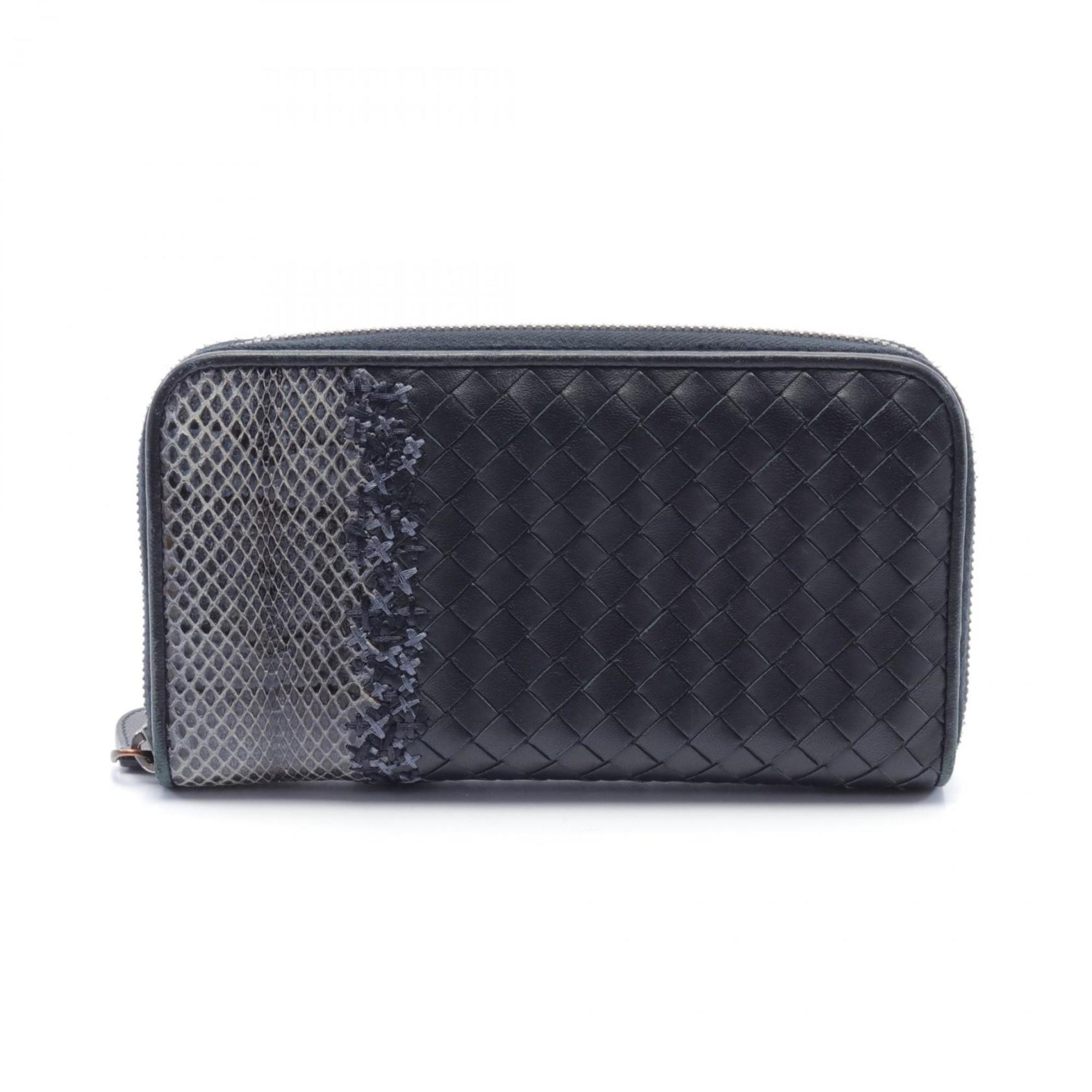 BOTTEGA VENETA Intrecciato Round Long Wallet Leather Exotic Men's Black Grey