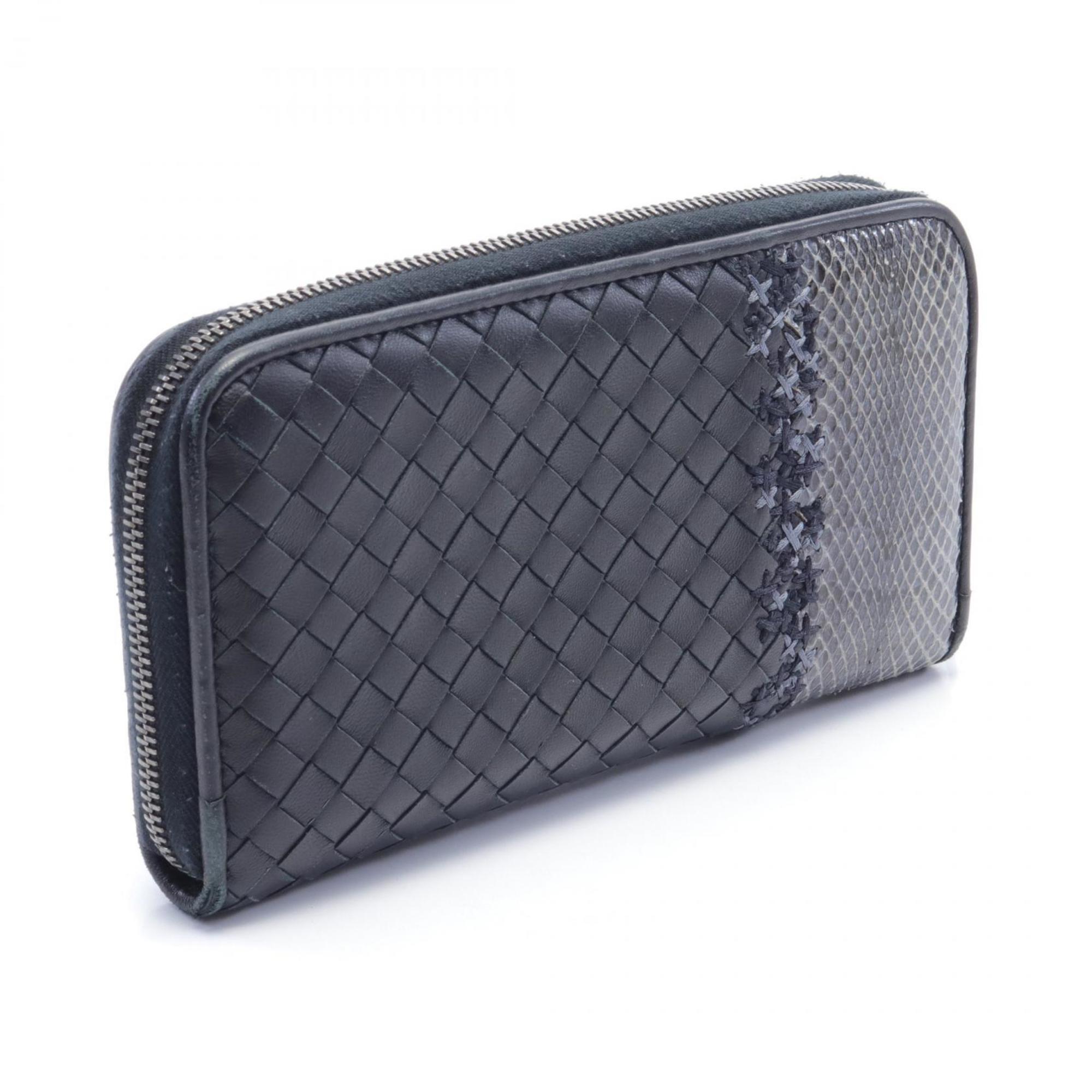 BOTTEGA VENETA Intrecciato Round Long Wallet Leather Exotic Men's Black Grey