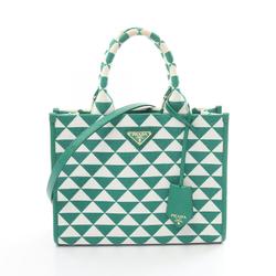 PRADA TRIANGOLO JACQUARD SM Handbag Bag Canvas Saffiano Leather Women's Green White 1BA354