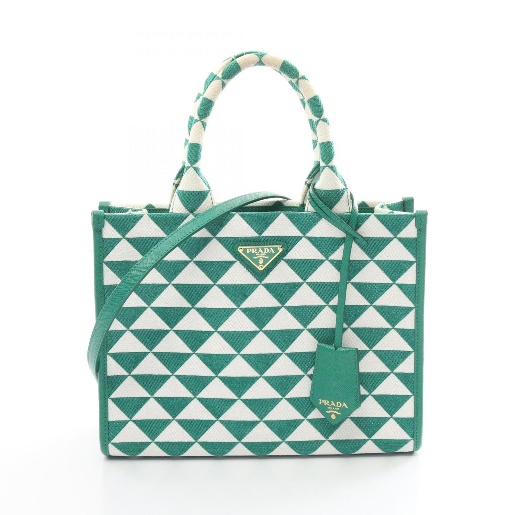 PRADA TRIANGOLO JACQUARD SM Handbag Bag Canvas Saffiano Leather Women's Green White 1BA354