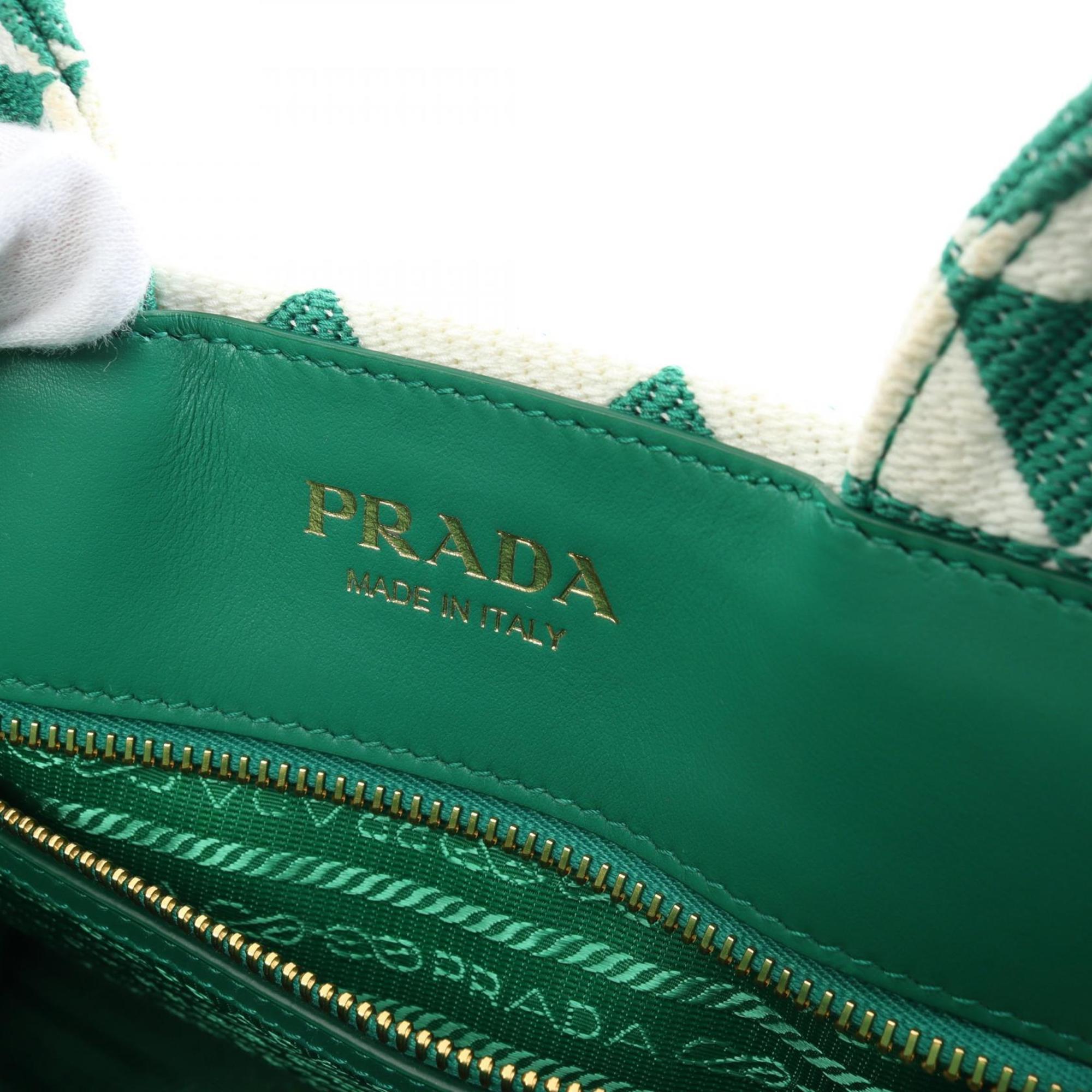 PRADA TRIANGOLO JACQUARD SM Handbag Bag Canvas Saffiano Leather Women's Green White 1BA354