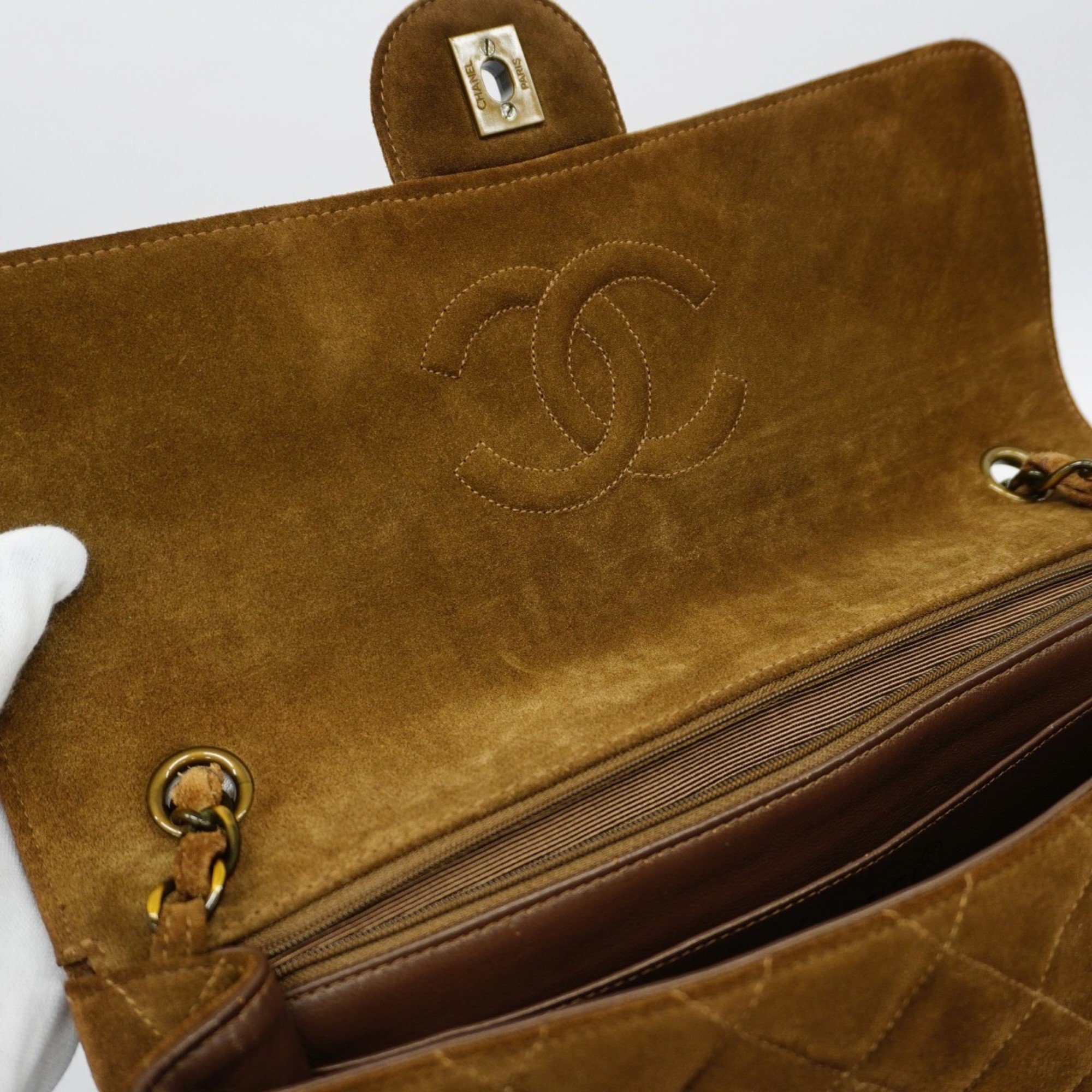 Chanel Shoulder Bag Matelasse Suede Brown Women's