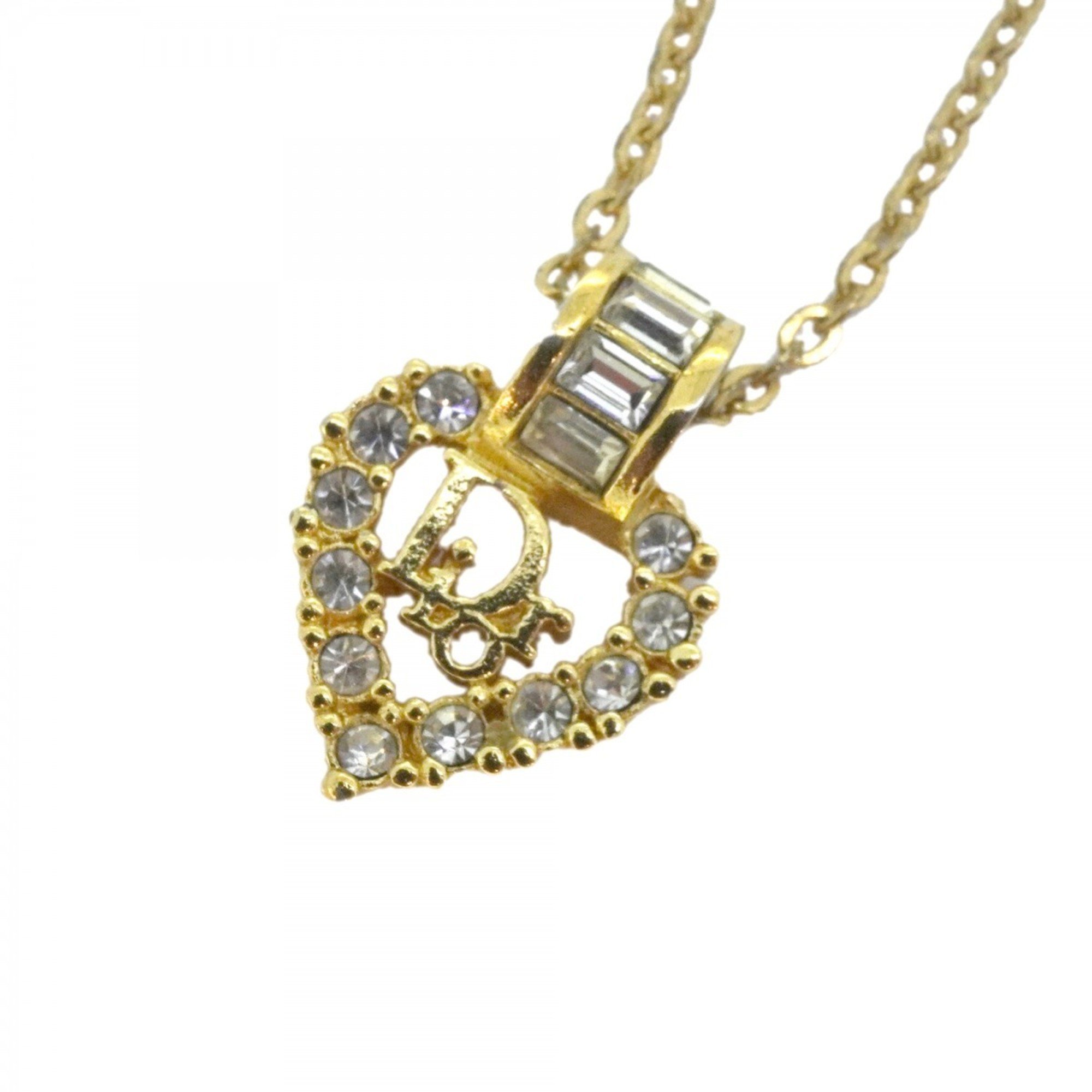 Christian Dior Necklace Heart Motif Rhinestone GP Plated Gold Ladies