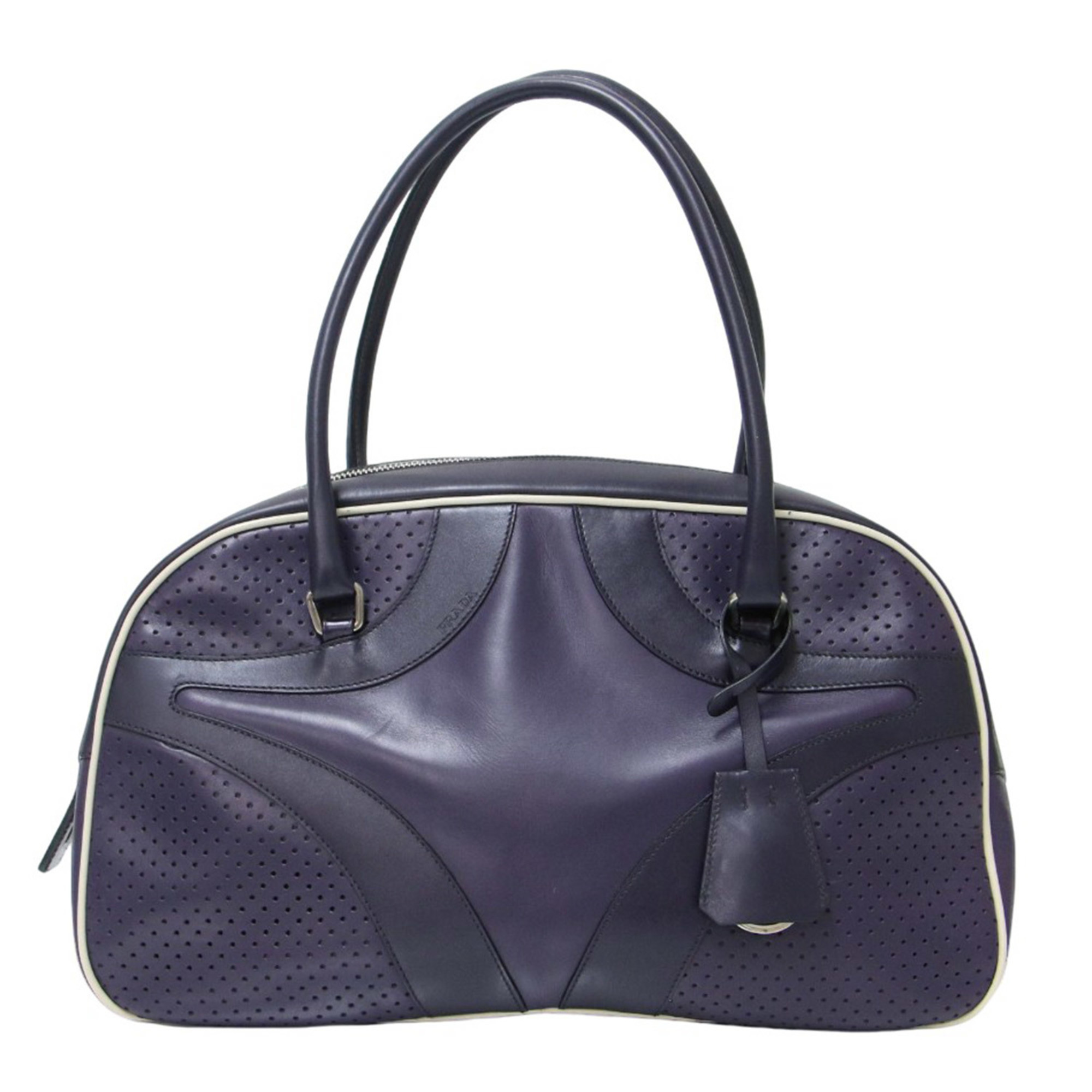 PRADA Prada Perforated Leather Boston Bag / Piping Purple White