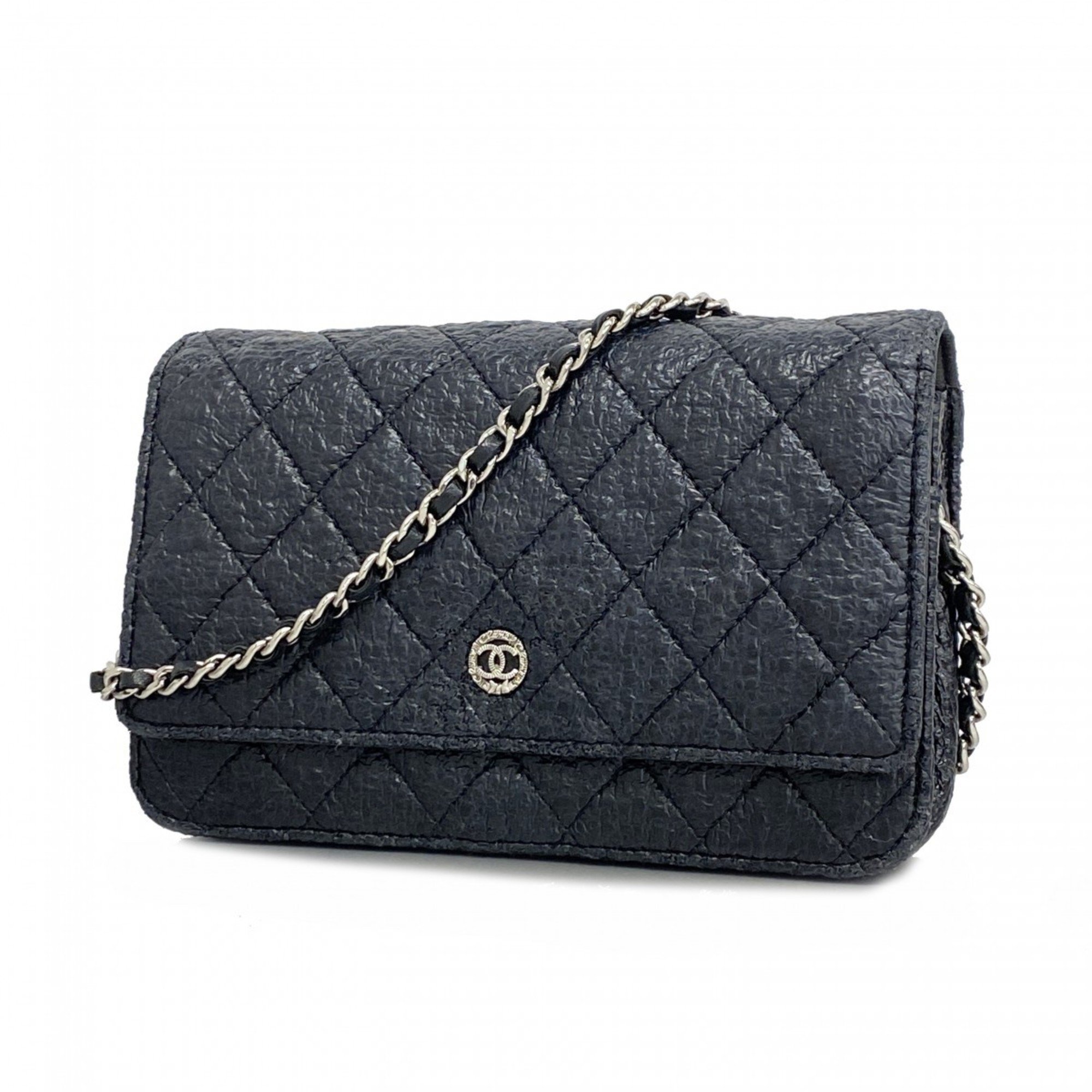 Chanel Shoulder Wallet Matelasse Leather Black Women's