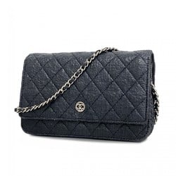 Chanel Shoulder Wallet Matelasse Leather Black Women's