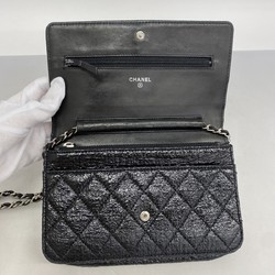 Chanel Shoulder Wallet Matelasse Leather Black Women's