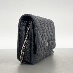 Chanel Shoulder Wallet Matelasse Leather Black Women's