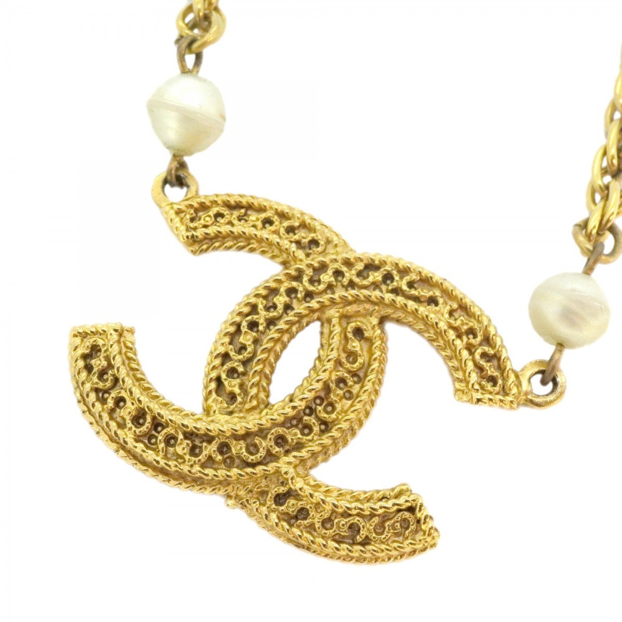 Chanel Necklace Coco Mark Fake Pearl GP Plated Gold Ladies