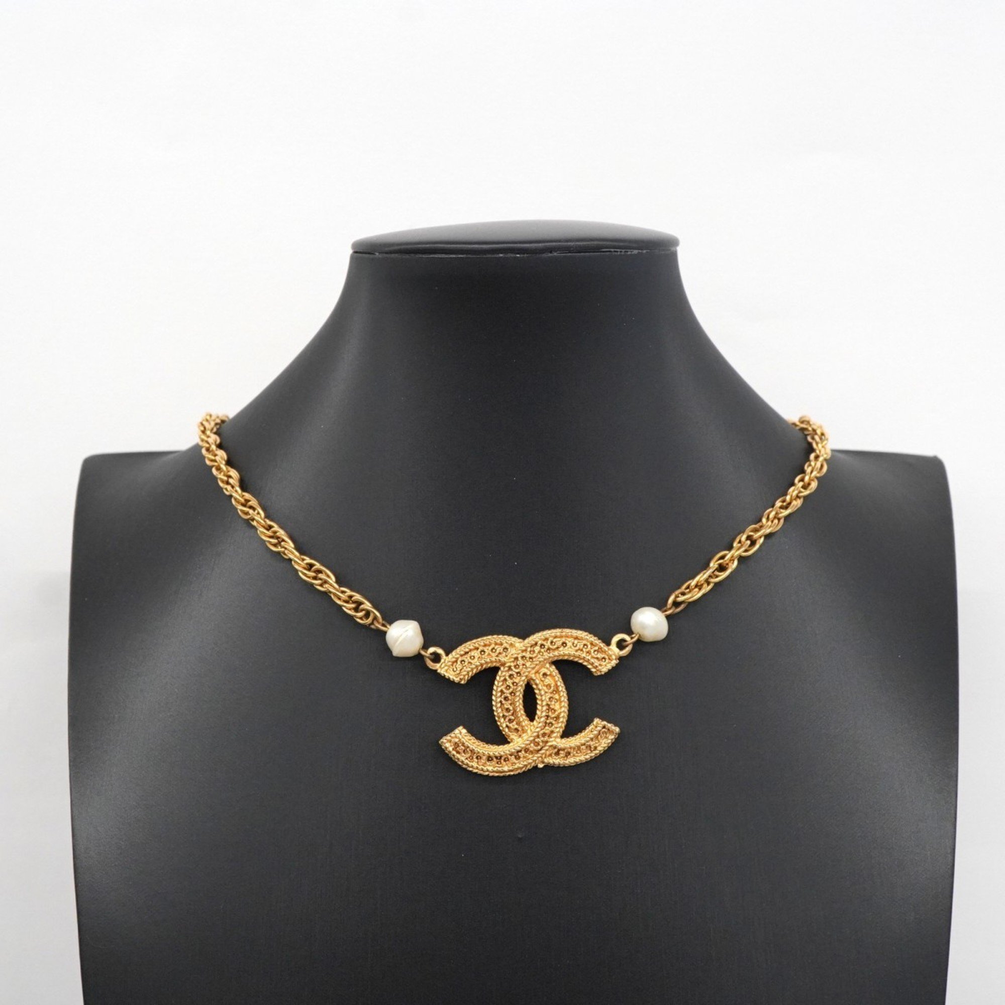 Chanel Necklace Coco Mark Fake Pearl GP Plated Gold Ladies