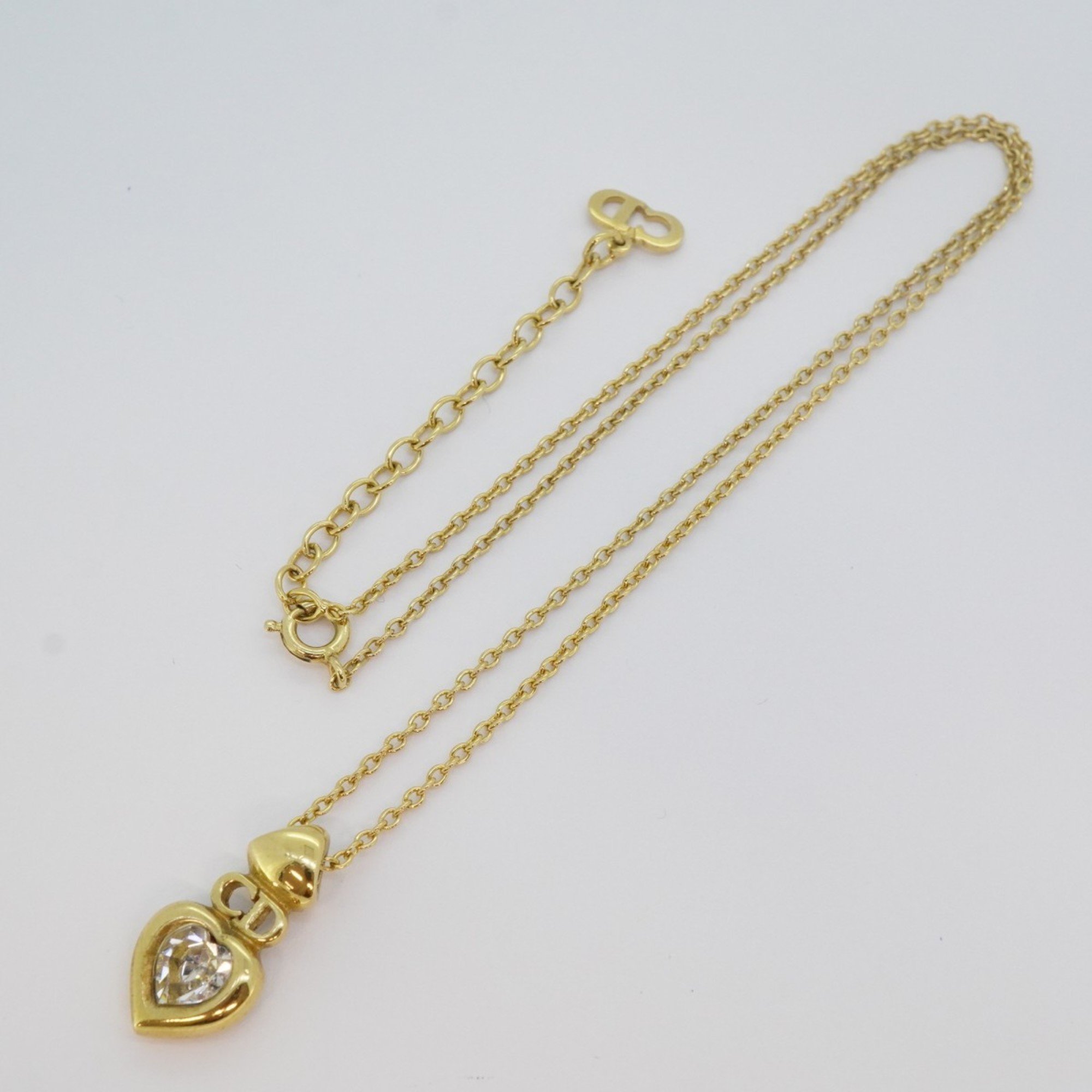 Christian Dior Necklace CD Heart Motif Rhinestone GP Plated Gold Ladies