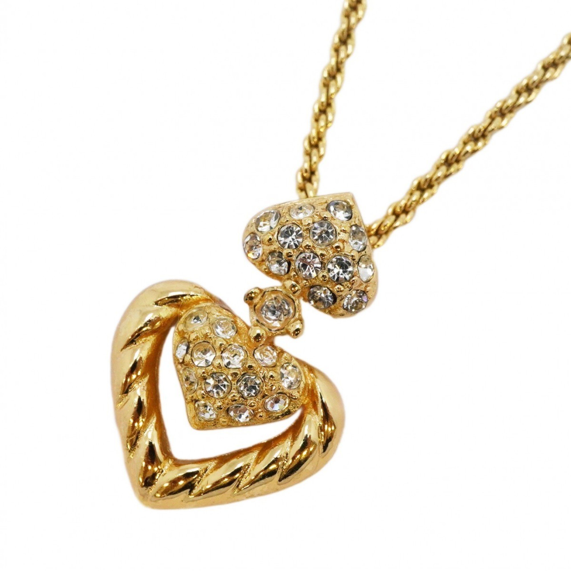 Christian Dior Necklace Heart Motif Rhinestone GP Plated Gold Women's