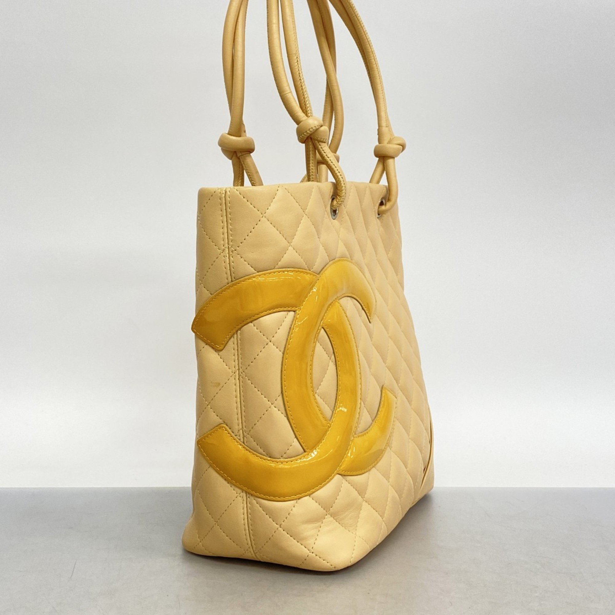 Chanel Tote Bag Cambon Lambskin Patent Leather Beige Yellow Orange Women's