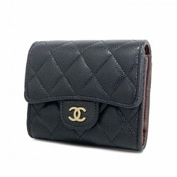 Chanel Tri-fold Wallet Matelasse Caviar Skin Black Champagne Ladies