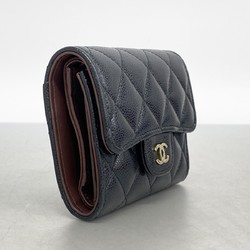 Chanel Tri-fold Wallet Matelasse Caviar Skin Black Champagne Ladies