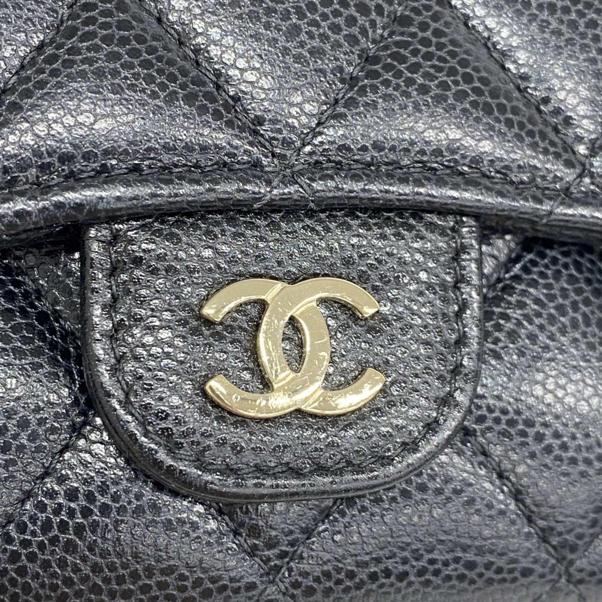 Chanel Tri-fold Wallet Matelasse Caviar Skin Black Champagne Ladies