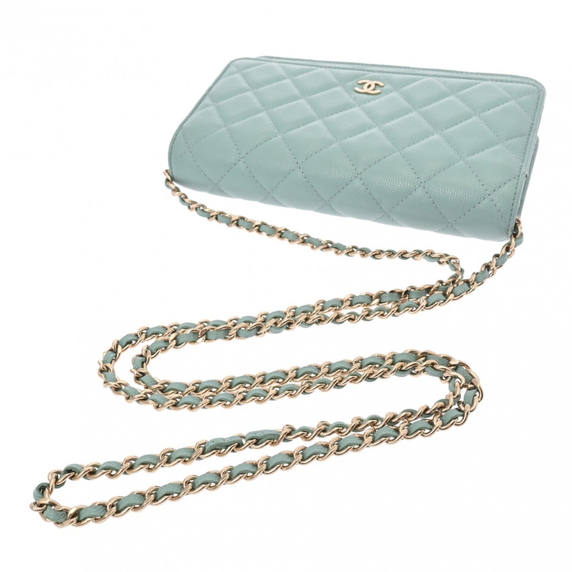 CHANEL Chanel Matelasse Classic Chain Wallet Light Blue AP0250 Women's Caviar Skin Shoulder Bag