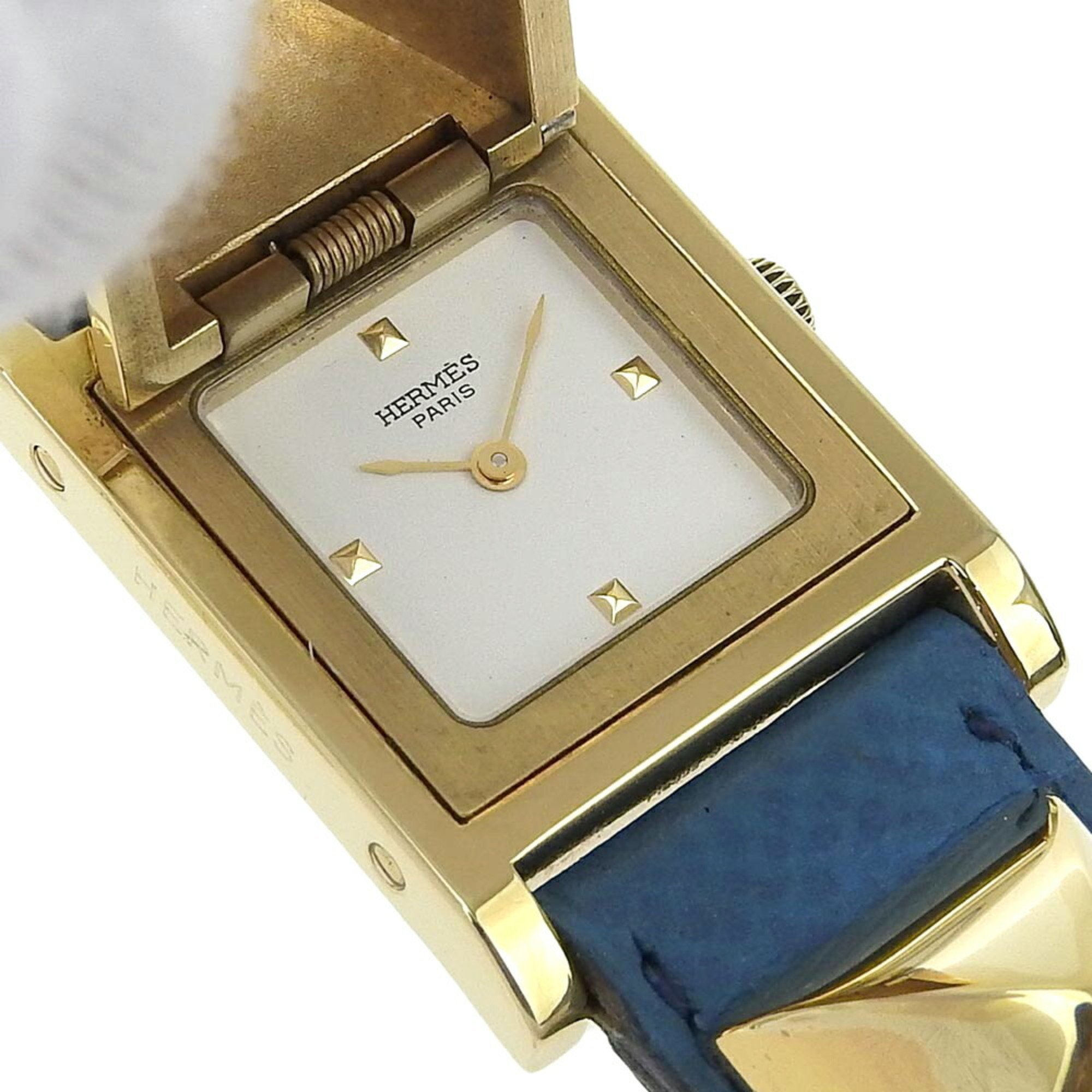 Hermes HERMES Medor watch gold plated x leather 1994 〇X quartz analog display white dial ladies