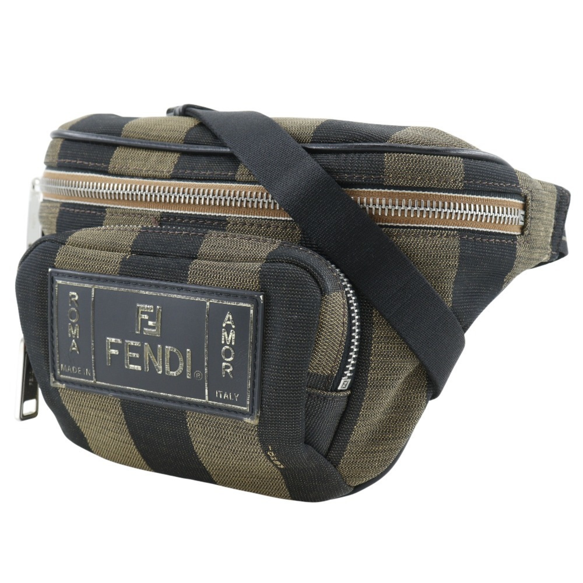 FENDI Pecan Stripe Waist Bag Body 7V46 Nylon Canvas Brown Unisex