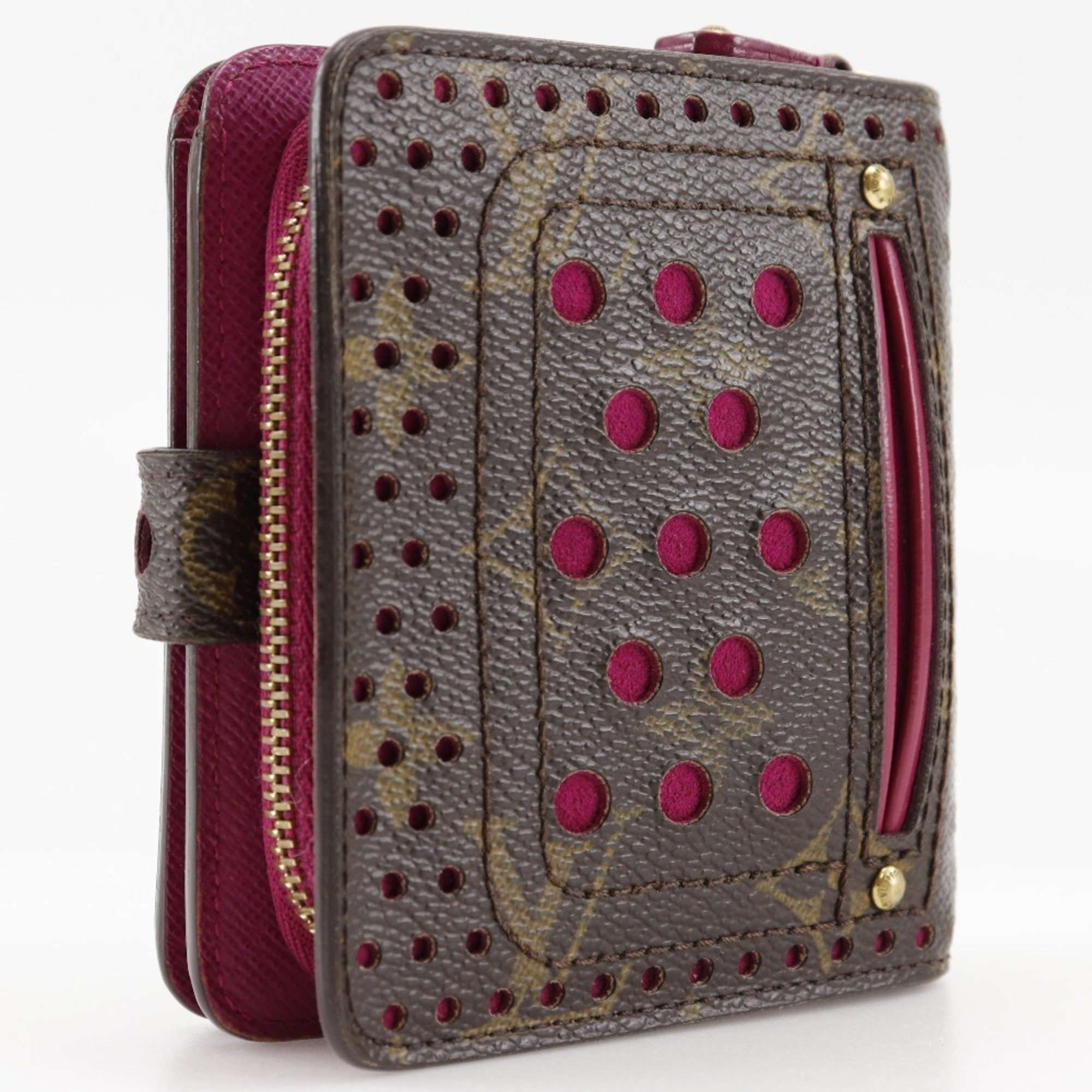 Louis Vuitton LOUIS VUITTON Compact zip bifold wallet Monogram Perforated M95188 canvas Fuchsia 2006 Brown/Pink MI0036 Snap button Women's