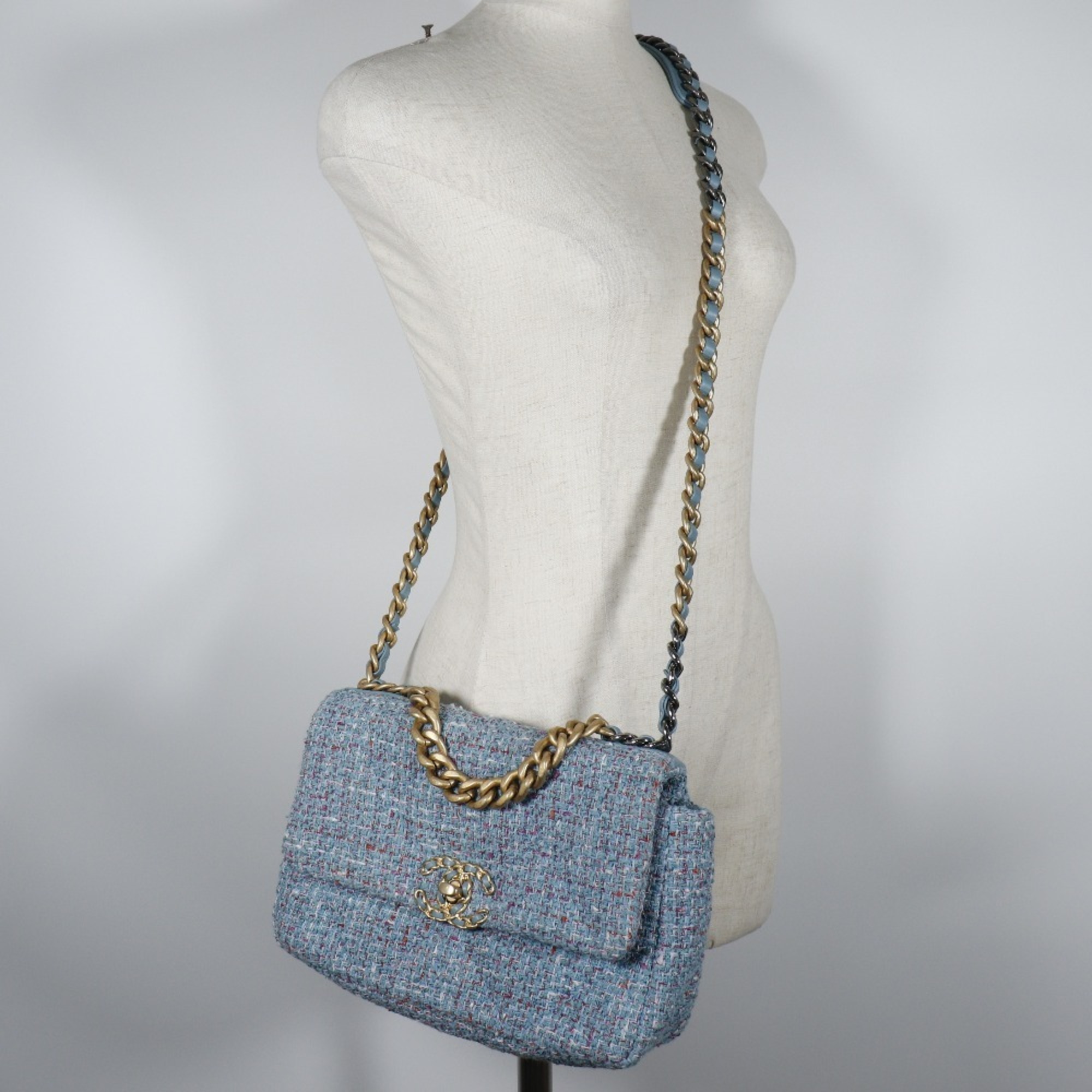 Chanel CHANEL Chain Shoulder 19 Bag Disneuf AS1160 Tweed Blue 2way A5 Turnlock ChainShoulder19 Women's