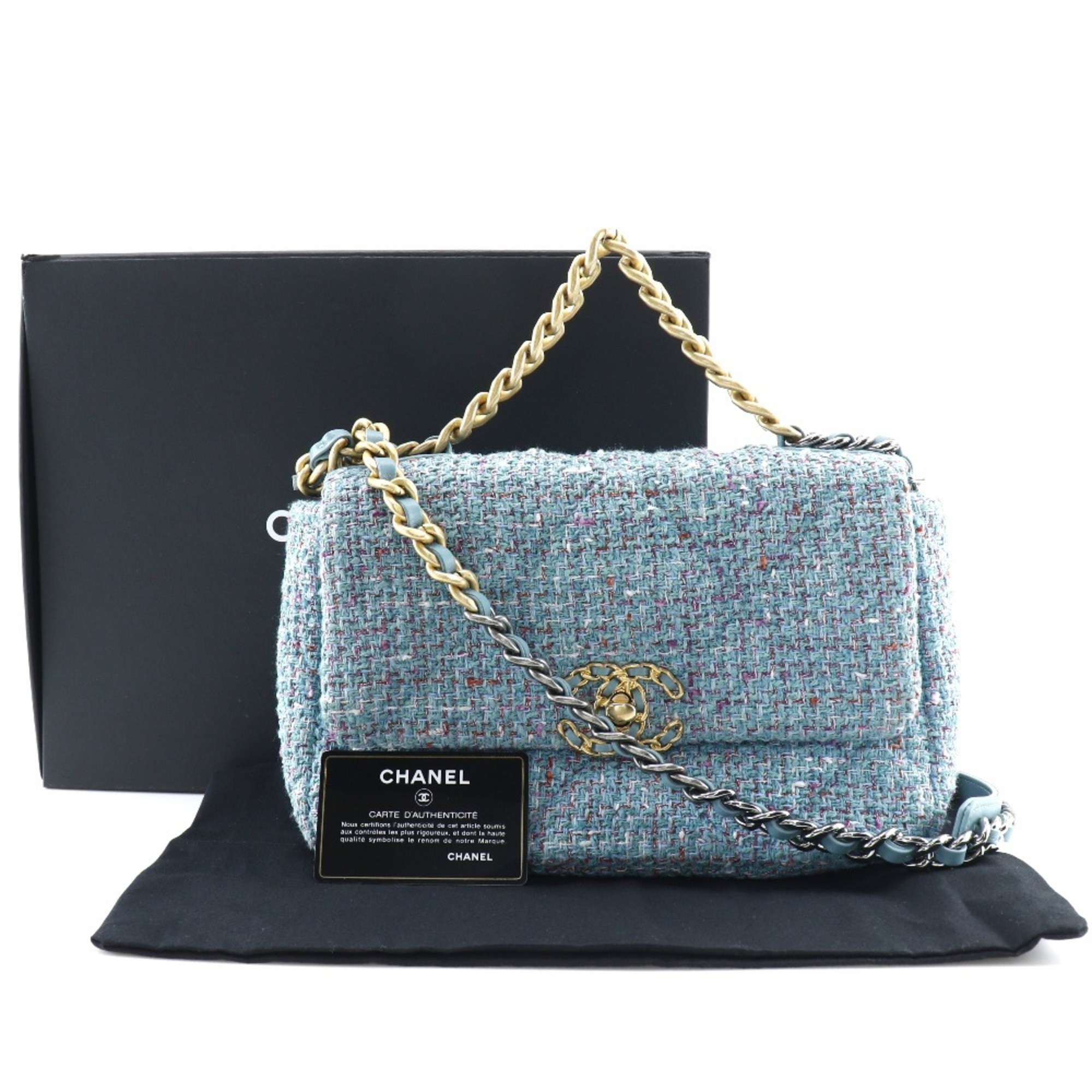 Chanel CHANEL Chain Shoulder 19 Bag Disneuf AS1160 Tweed Blue 2way A5 Turnlock ChainShoulder19 Women's