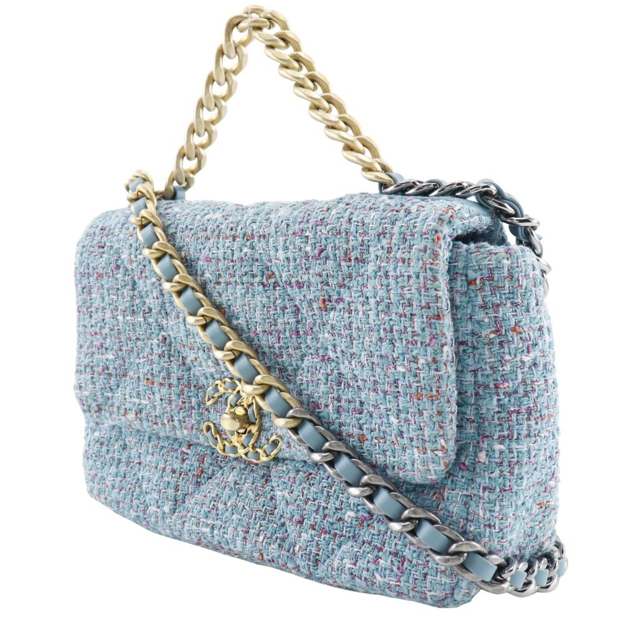 Chanel CHANEL Chain Shoulder 19 Bag Disneuf AS1160 Tweed Blue 2way A5 Turnlock ChainShoulder19 Women's