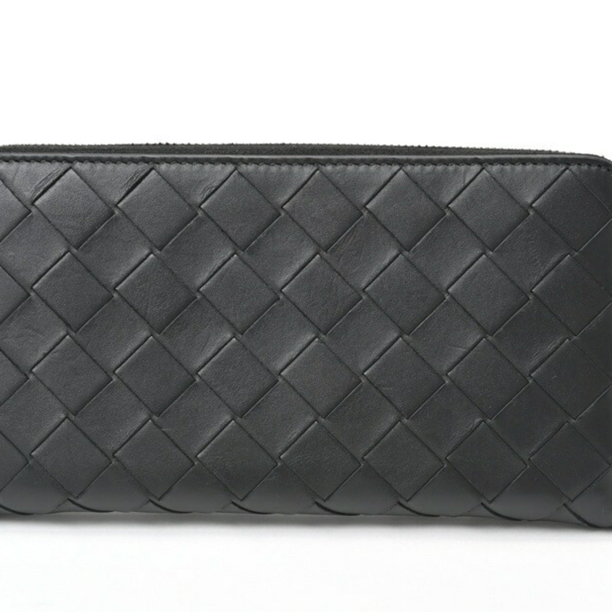 BOTTEGA VENETA Intrecciato Zip Around Wallet Round Calf Leather Black E-156494